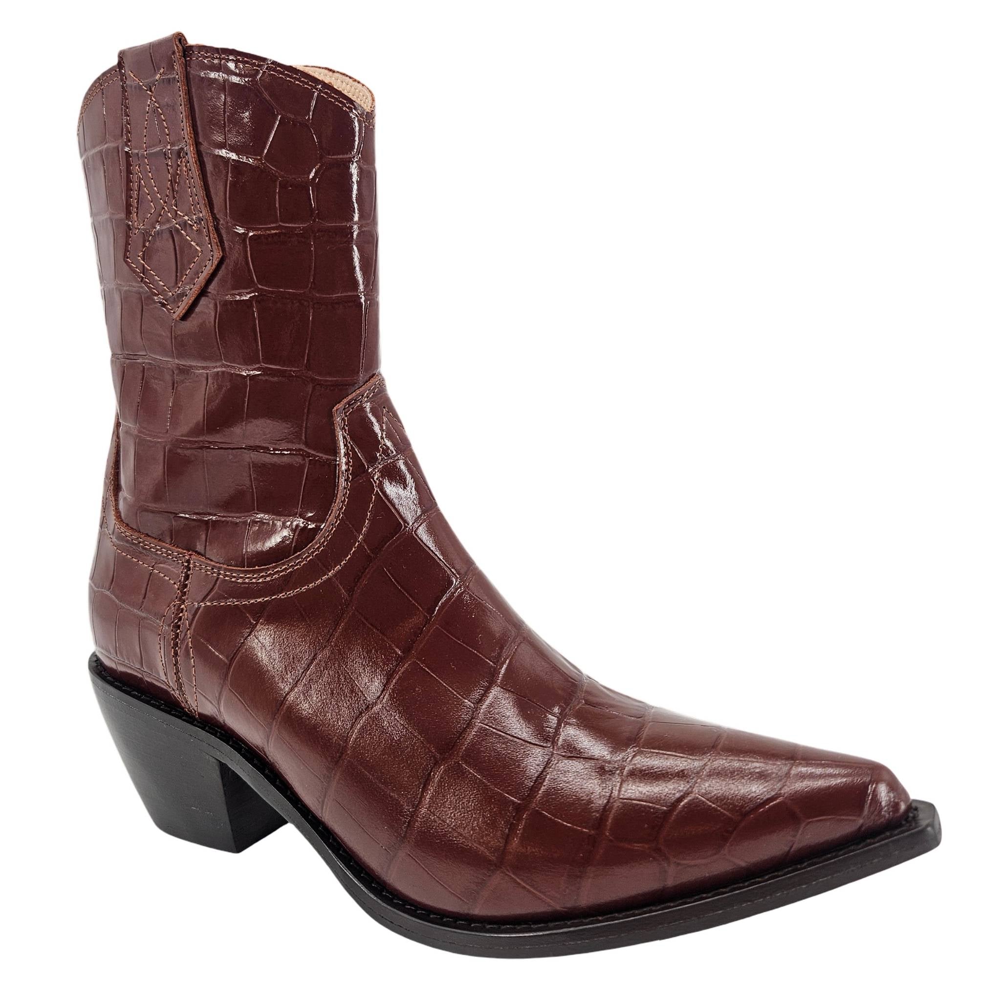 Chocolate Leather Croc Embossed Pointy  Ankle Boot