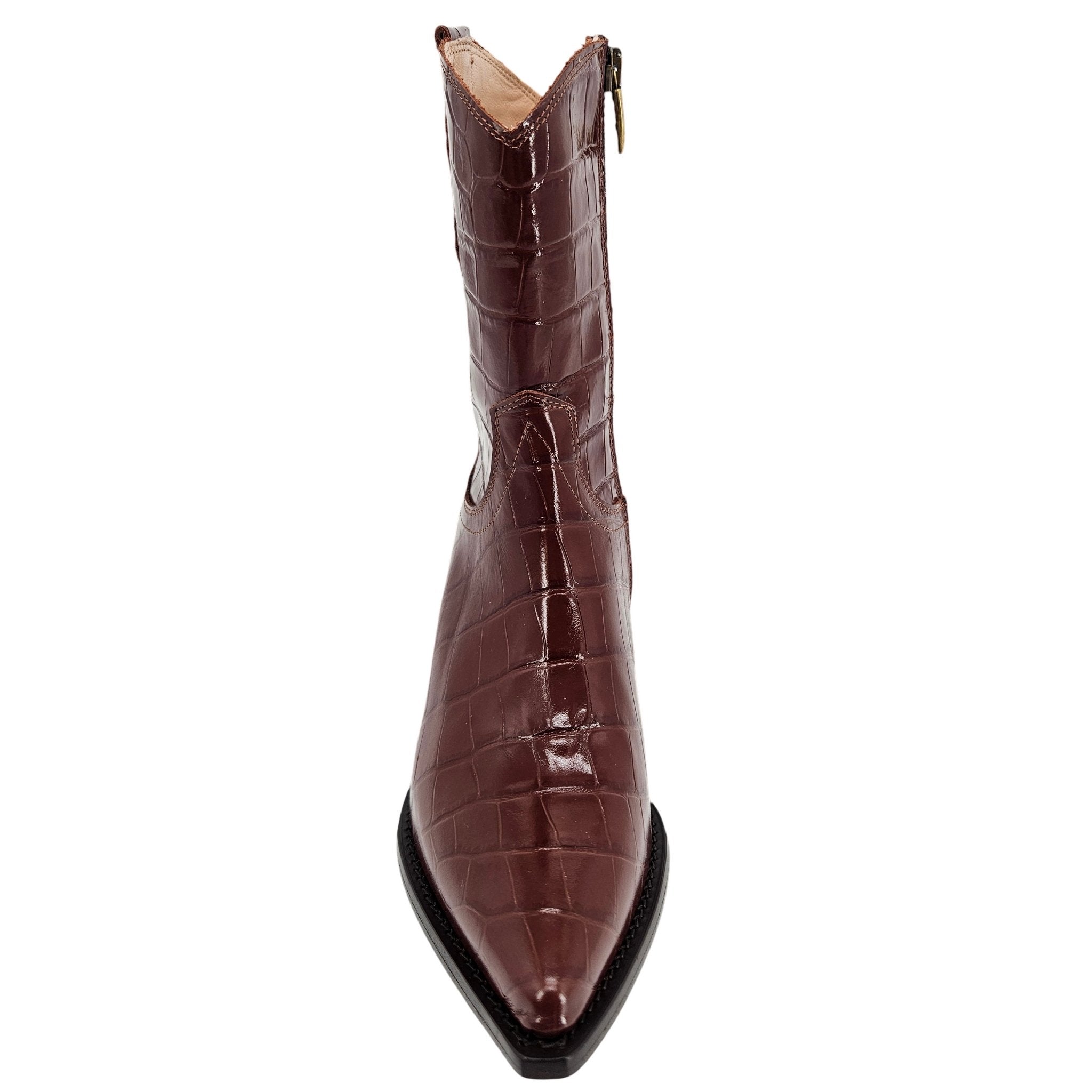 Chocolate Leather Croc Embossed Pointy  Ankle Boot