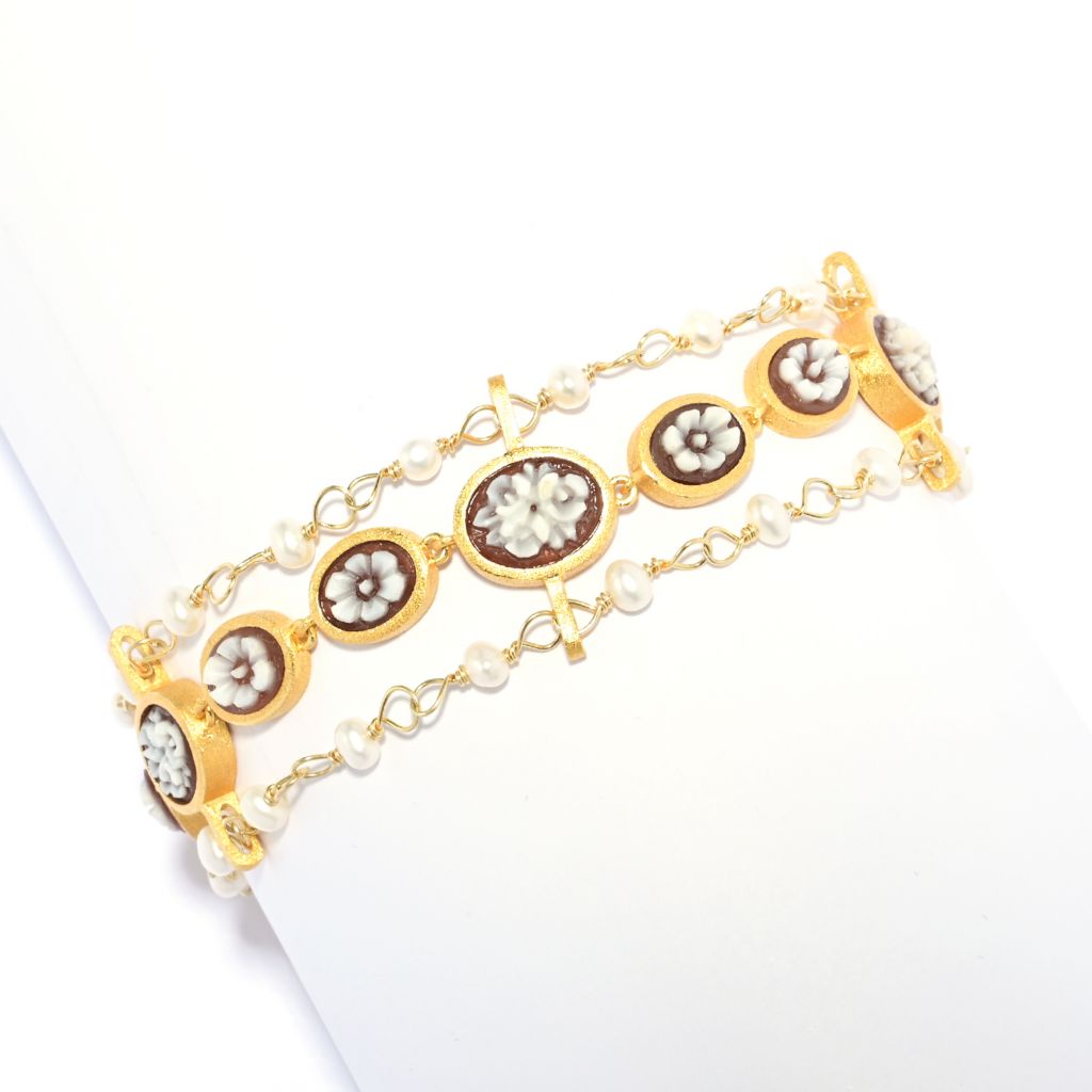 Cameo Italiano 18K Gold Plated "Anastasia" Flower Cameo & Cultured Pearl Bracelet by Steals