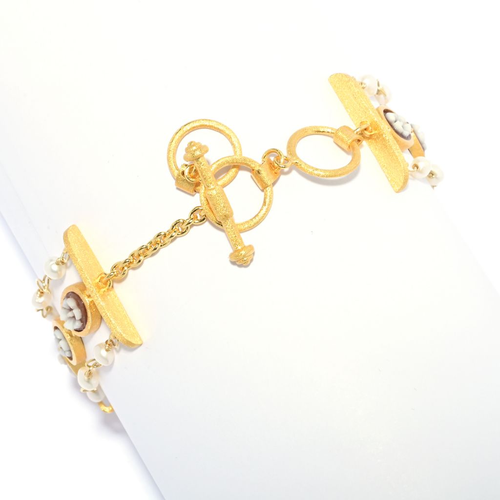 Cameo Italiano 18K Gold Plated "Anastasia" Flower Cameo & Cultured Pearl Bracelet by Steals
