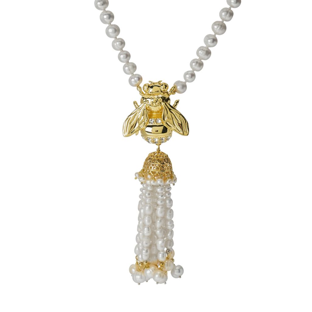 Graziella 23K Gold Plated Cultured Pearl & Simulated Diamond Bee Necklace by Steals