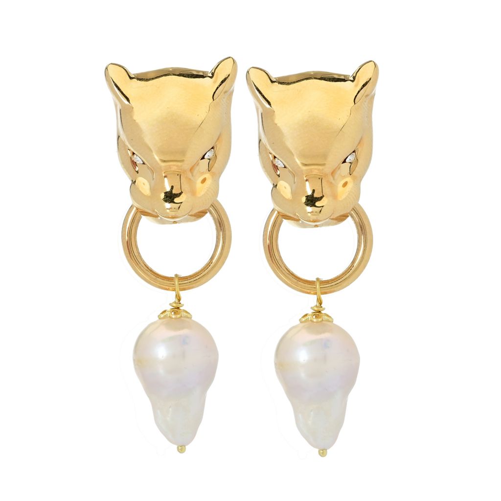 Graziella 23K Gold Plated Simulated Diamond & Baroque Pearl Panther Earrings by Steals
