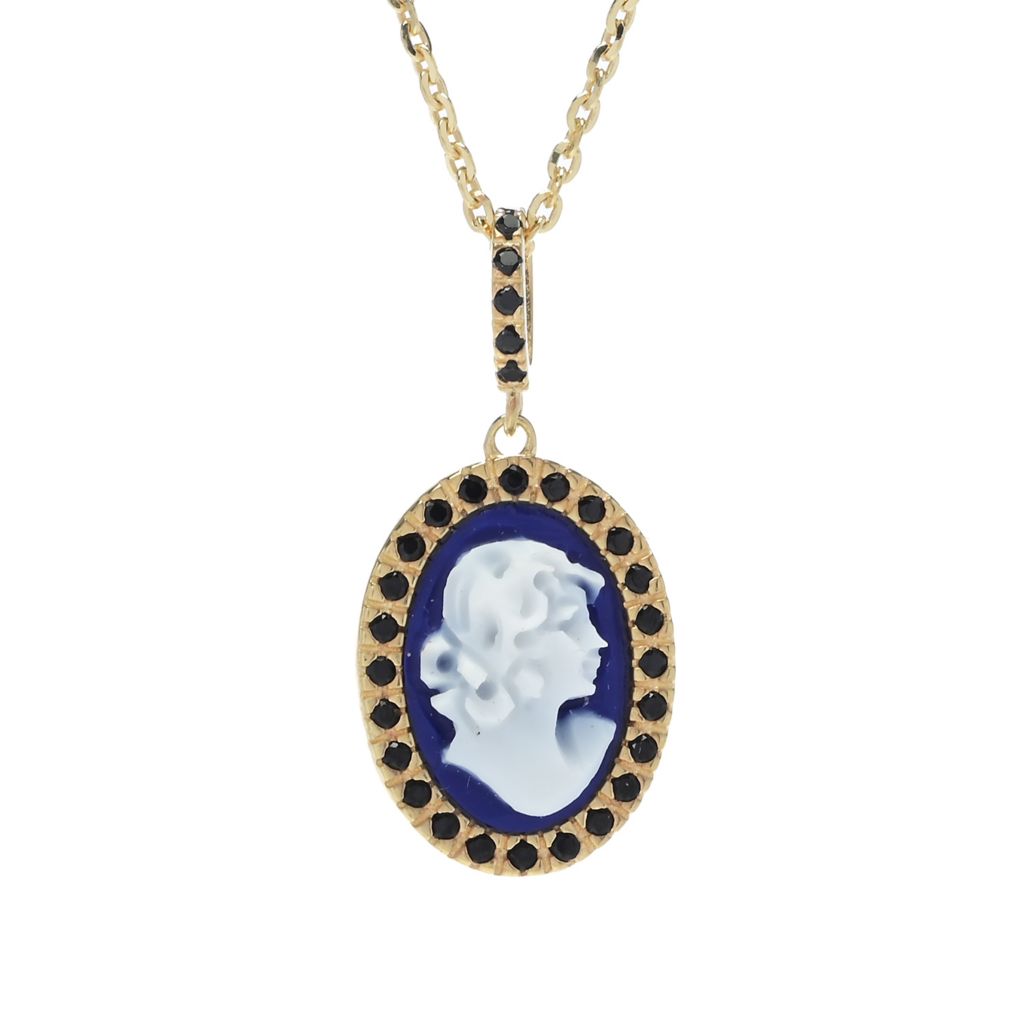 Cameo Italiano "Sunrise" Blue Agate Cameo & Simulated Diamond Pendant w/ Chain by Steals