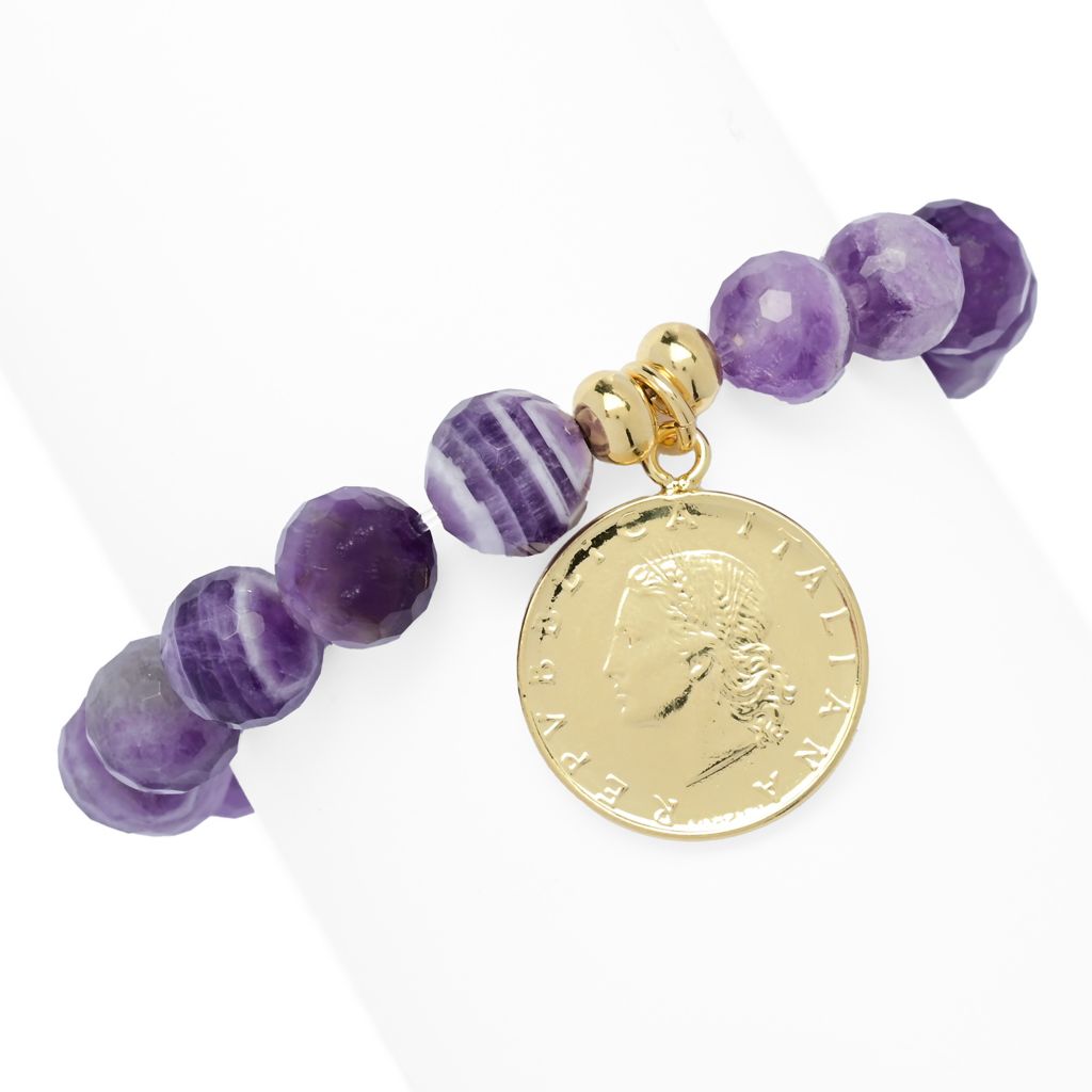 Toscana Italiana 18K Gold Plated 10m Bead Gem & Genuine 20 Lire Stretch Bracelet by Steals