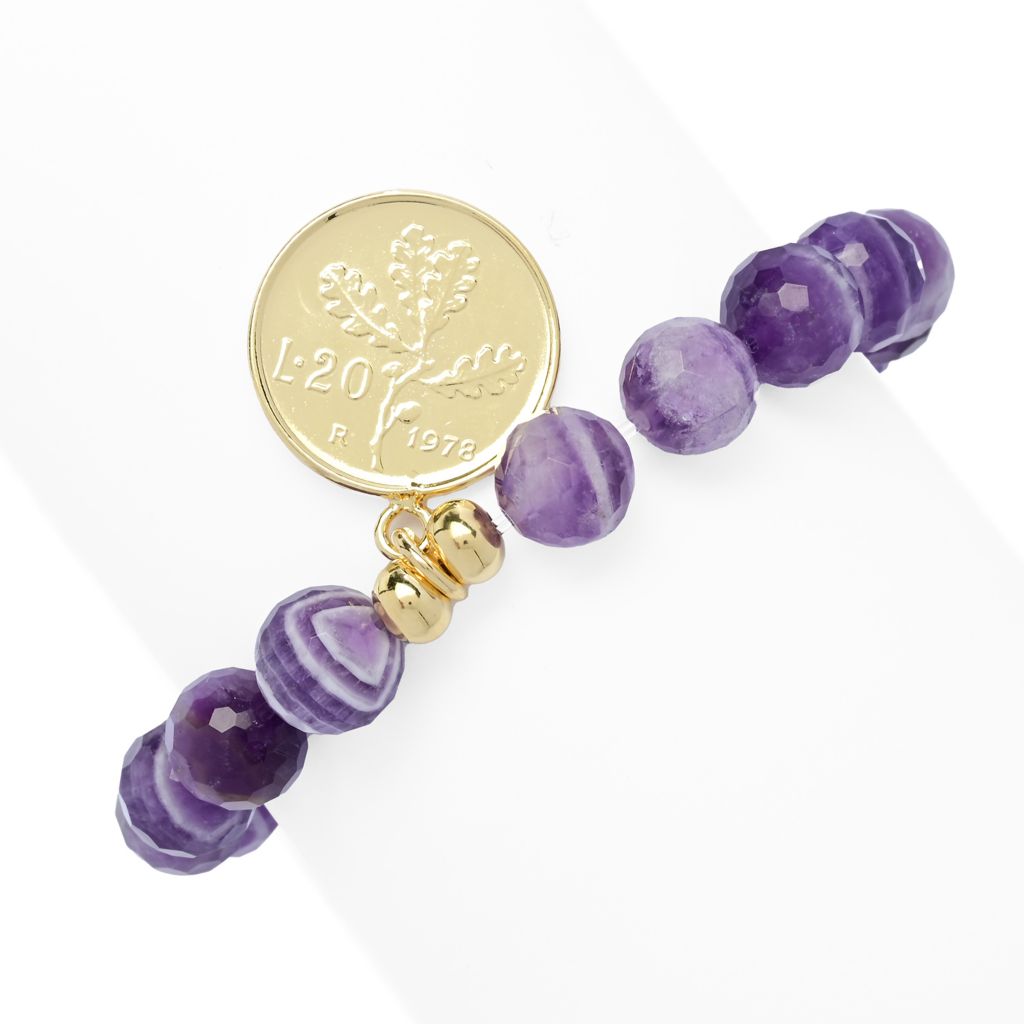 Toscana Italiana 18K Gold Plated 10m Bead Gem & Genuine 20 Lire Stretch Bracelet by Steals