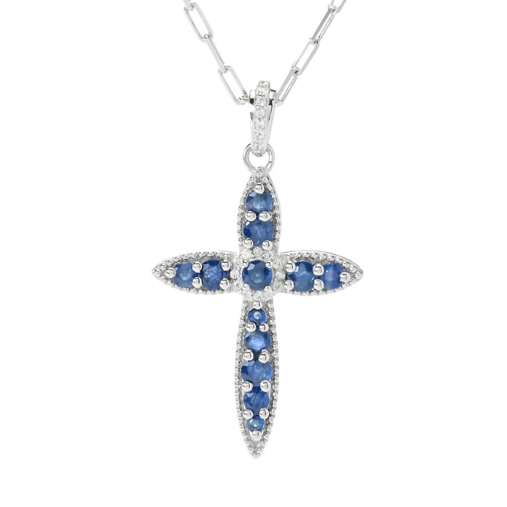 Gem Treasures 1.52ctw Ceylon Sapphire & Zircon Cross Pendant w/ Chain by Steals