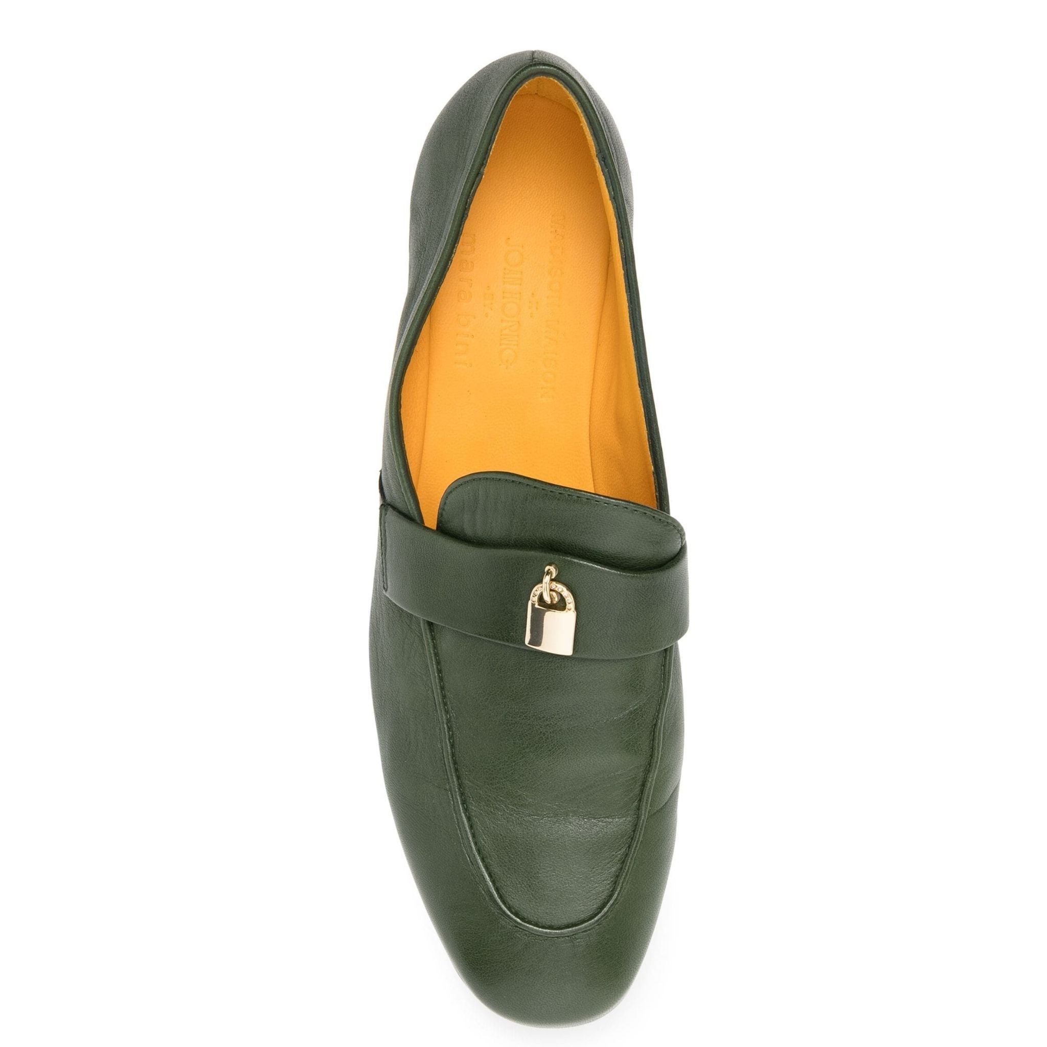 Green Leather  Lock Flat Loafer