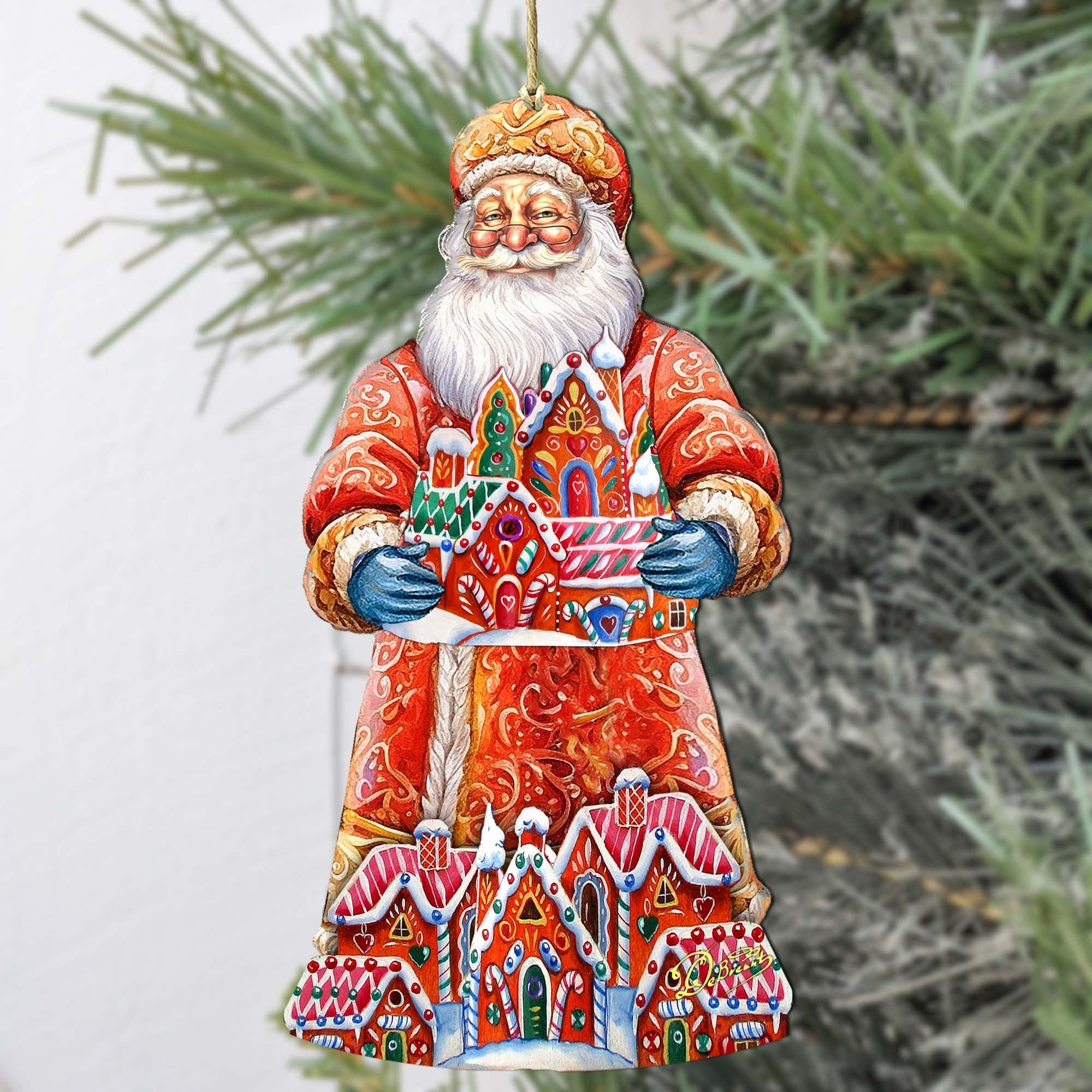 Santa and the Gingerbread House Wooden Ornaments by G. Debrekht - Christmas Santa Snowman Decor - 8691404