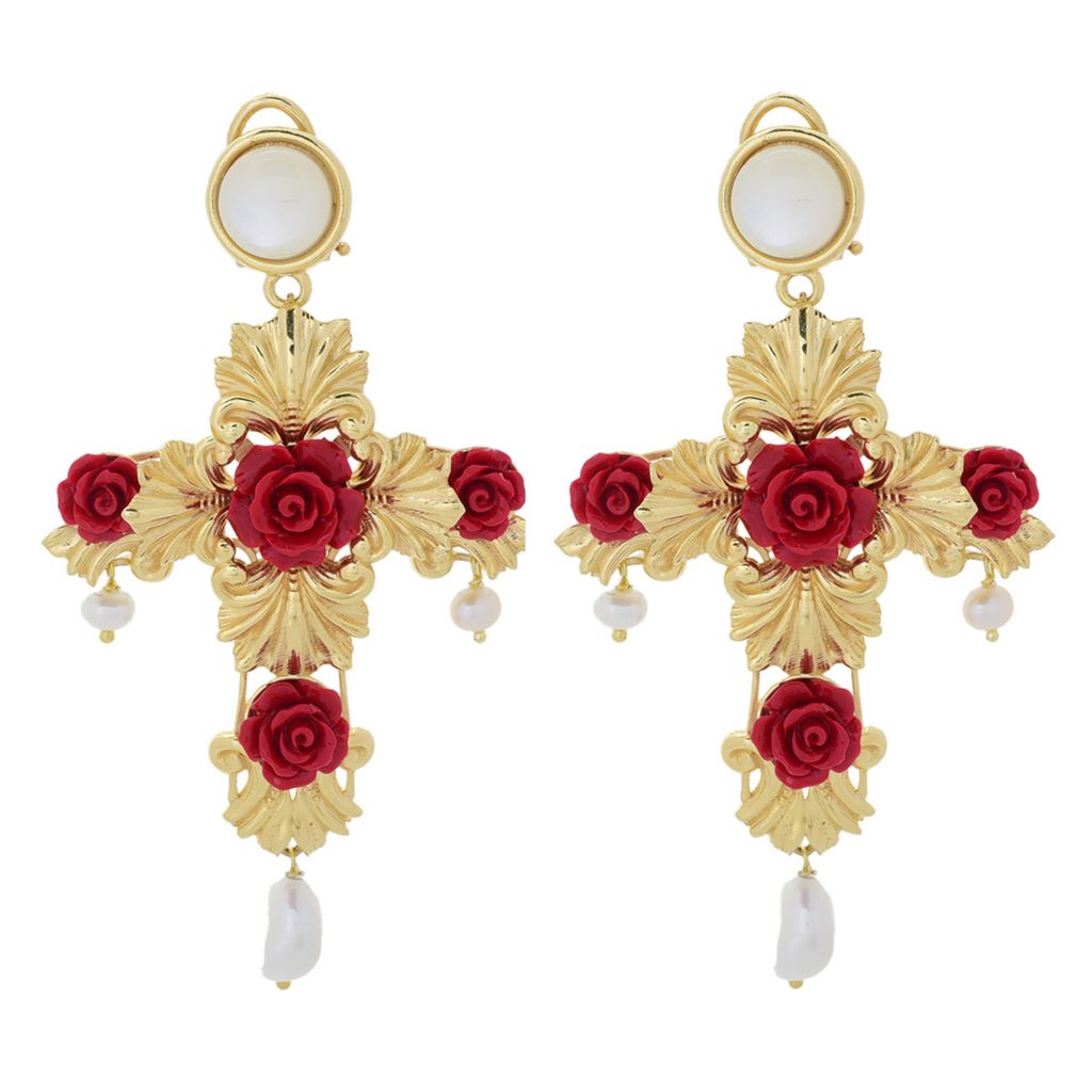 Graziella 23K Gold Plated Carved Rose Cross & Cultured Pearl Drop Earrings by Steals