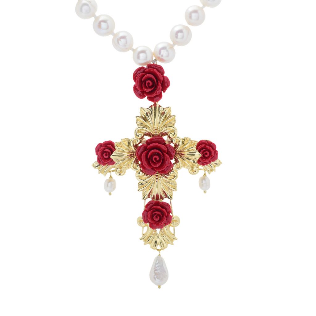 Graziella 23K Gold Plated Carved Rose Cross Pendant w/ Cultured Pearl Necklace by Steals