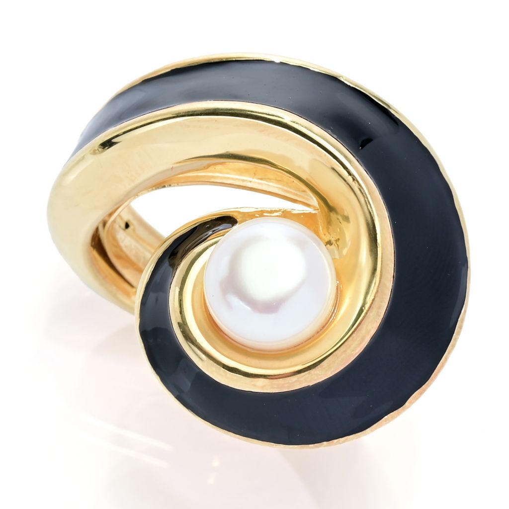 Graziella 23K Gold Plated 14mm Cultured Pearl & Enamel Wrap Ring by Steals
