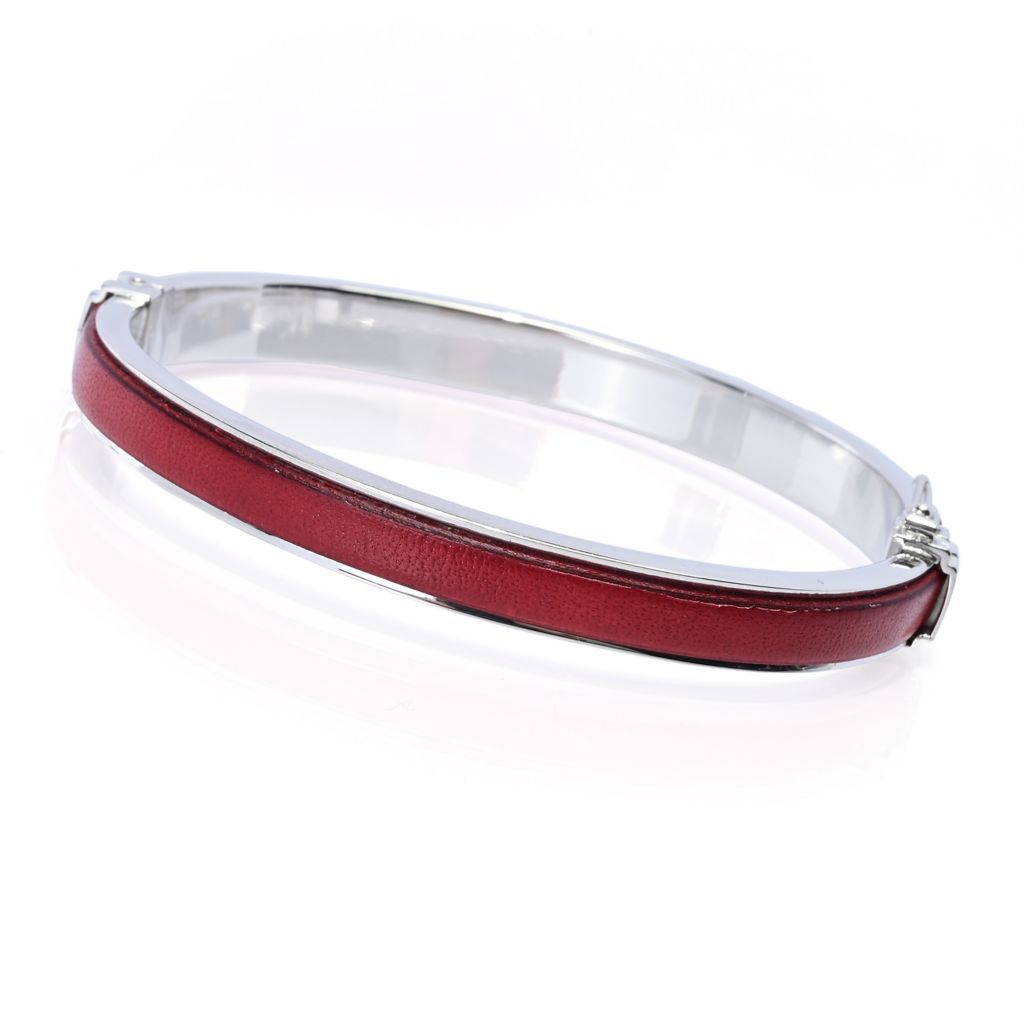 Sorrento Italian Silver Genuine Leather Inset Hinged Bangle Bracelet by Steals