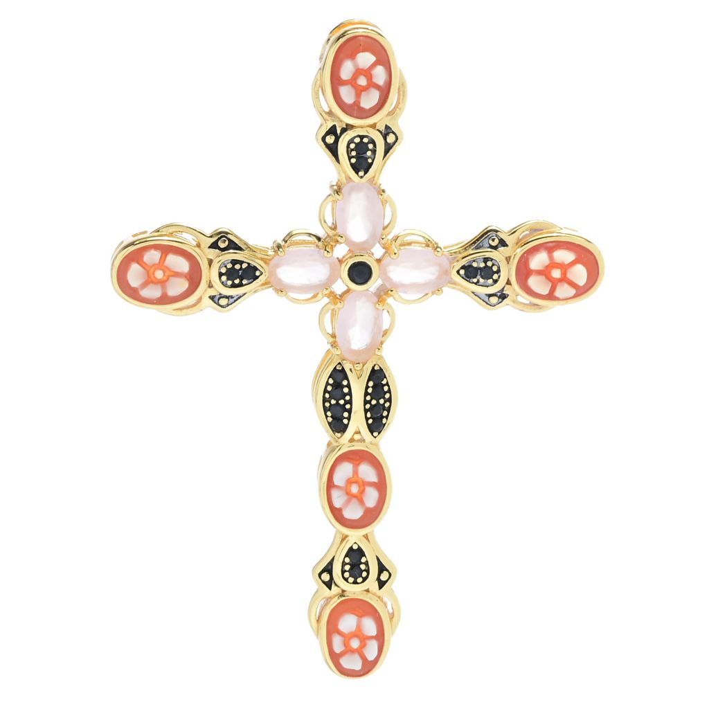 Cameo Italiano "Sacred" Floral Shell Cameo & Simulated Gem Cross Pendant by Steals