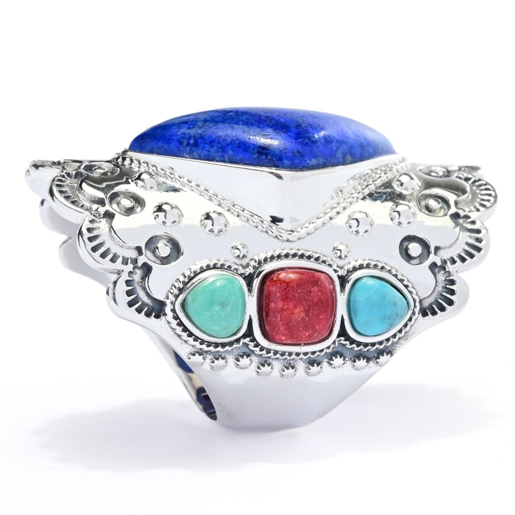 Southwest Elements Lapis, Mohave Kingman Turquoise & Red Coral Ring by Steals