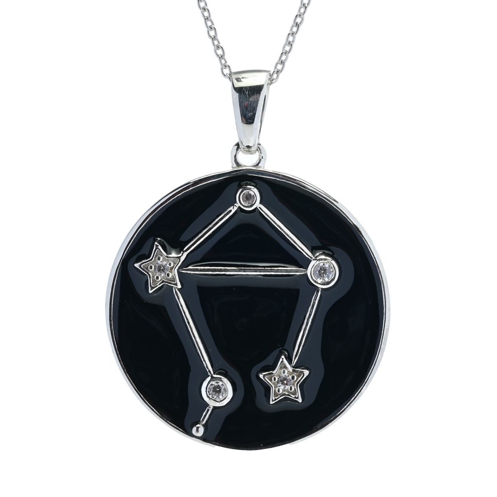 Sterling Silver Choice of Zodiac White Zircon & Black Enamel Pendant w/ Chain by Steals