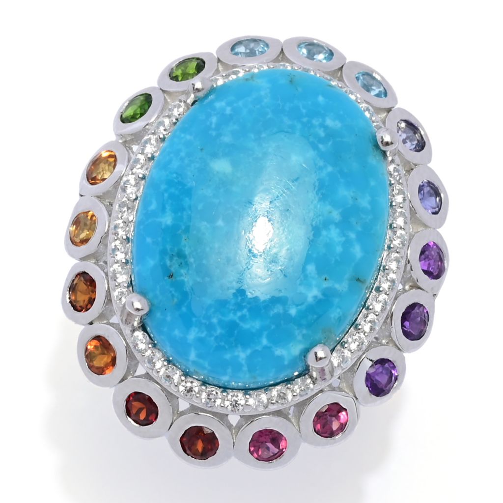 Gem Treasures 20x15mm Kingman Turquoise & Multi Gemstone Halo Ring by Steals
