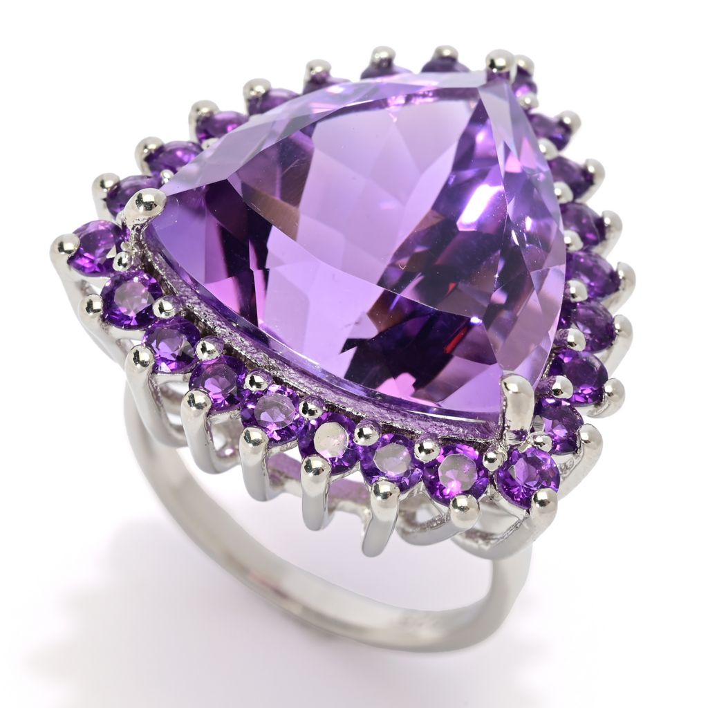 Platinum Plated "Hollywood" 17.92ctw Trillion Shape Brazilian Amethyst Halo Ring by Steals