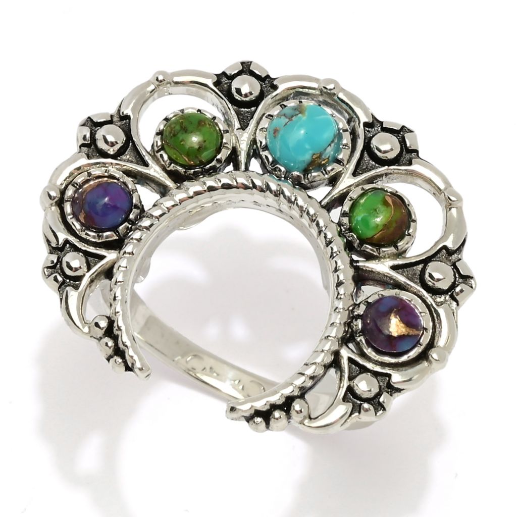 Southwest Elements Sterling Silver Mohave Turquoise Squash Blossom Ring by Steals