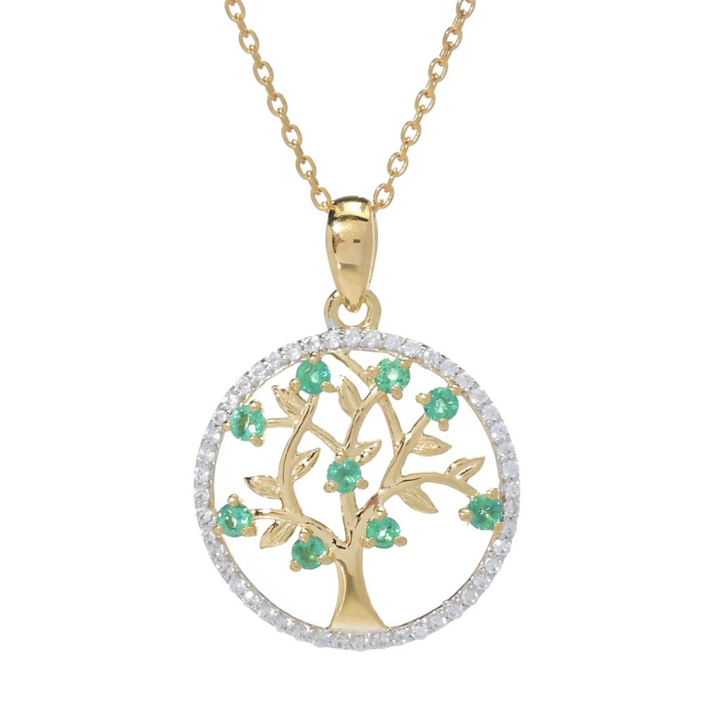 Gem Treasures 0.84ctw Zambian Emerald & Zircon Tree of Life Pendant w/ Chain by Steals