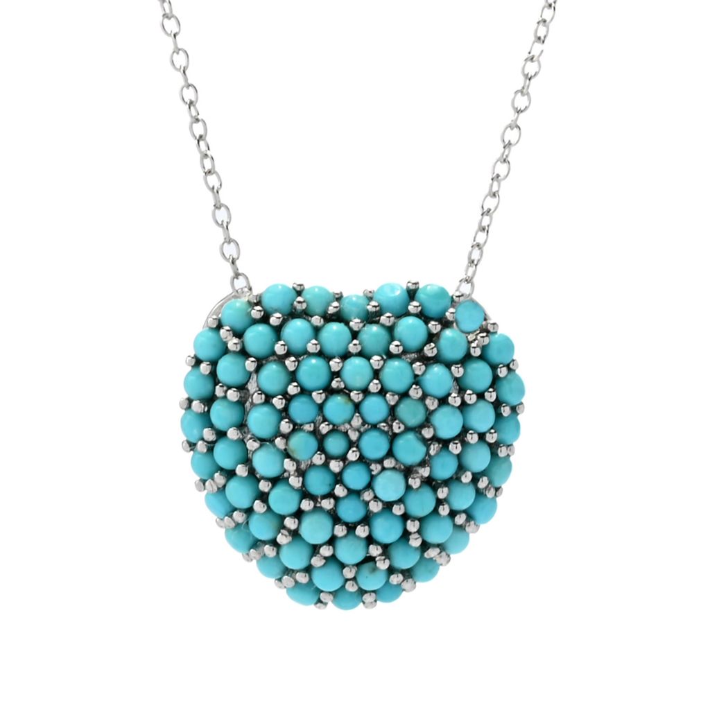 Platinum Plated Campitos Turquoise Pave Puffy Heart Pendant w/ Chain by Steals