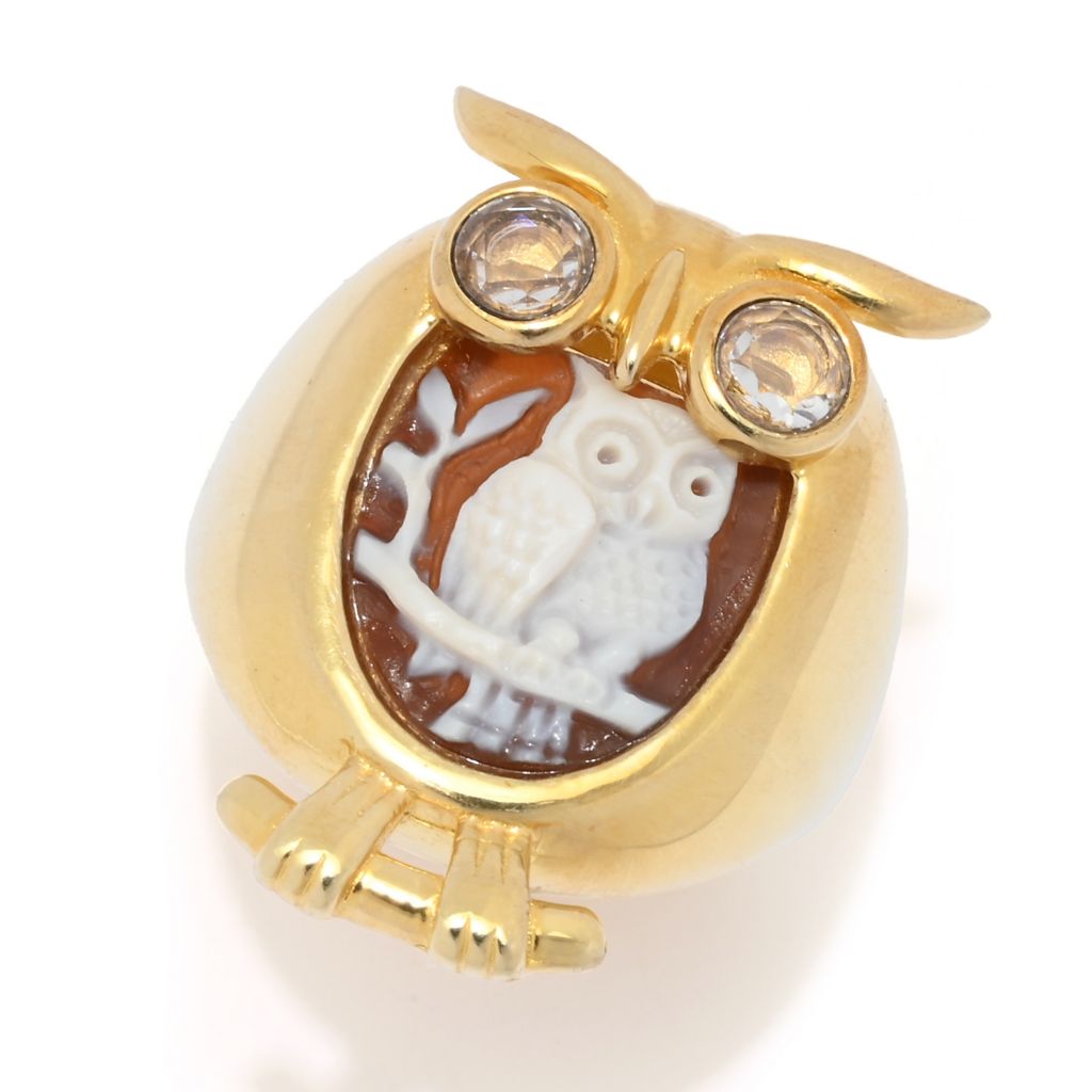Cameo Italiano 18K Gold Plated "Musical" Owl Simulated Diamond Shell Cameo Ring by Steals