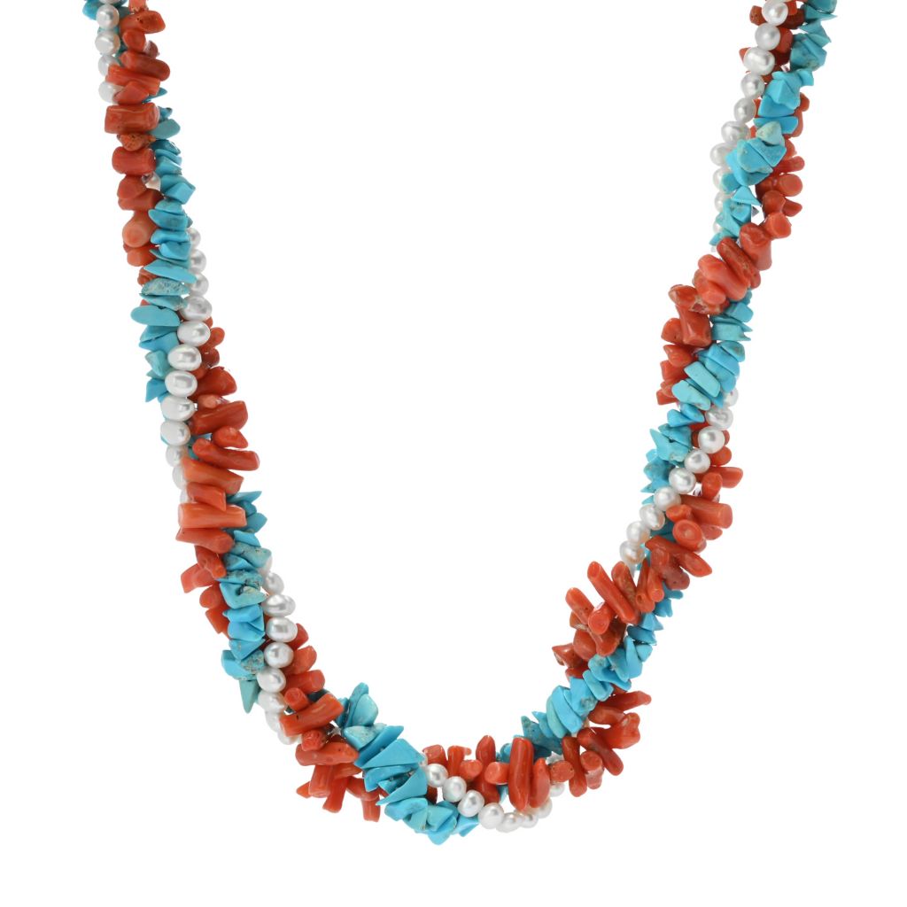 Cameo Italiano "Elements" Coral, Cultured Pearl & Turquoise Torsade 22"+2" Necklace by Steals