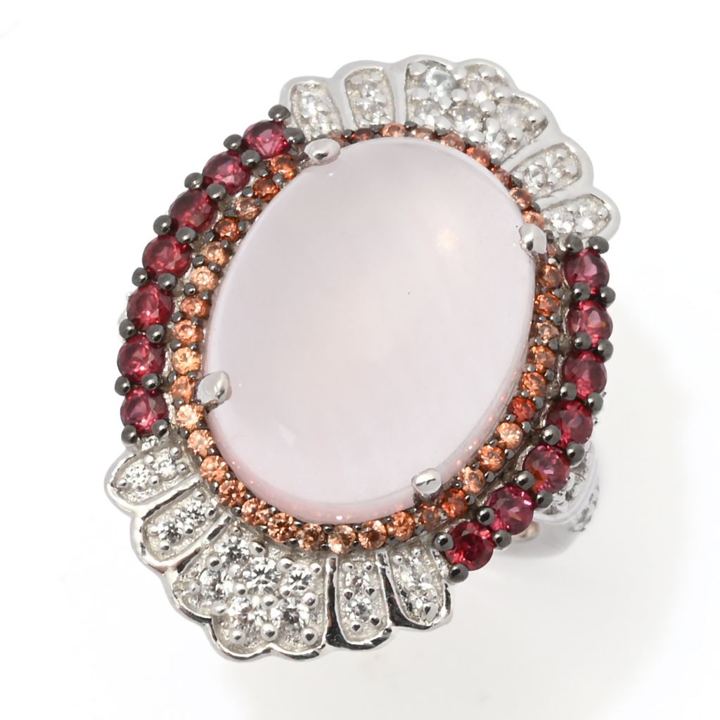 Gem Treasures 16x12mm Rose Quartz, Rhodolite Garnet & Zircon Ring by Steals