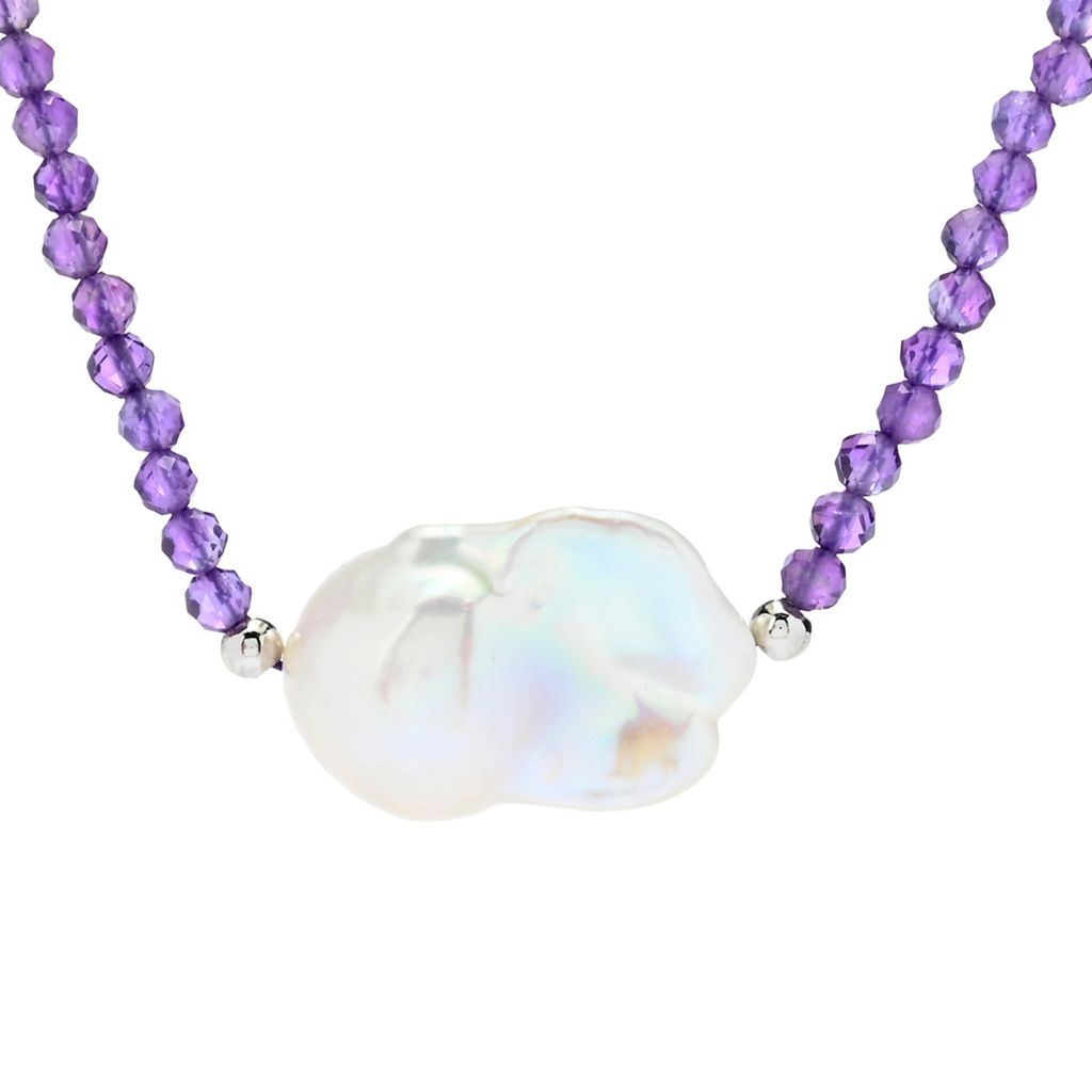 Platinum Plated 20x15mm Baroque Cultured Pearl & Gem Faceted Bead Necklace by Steals