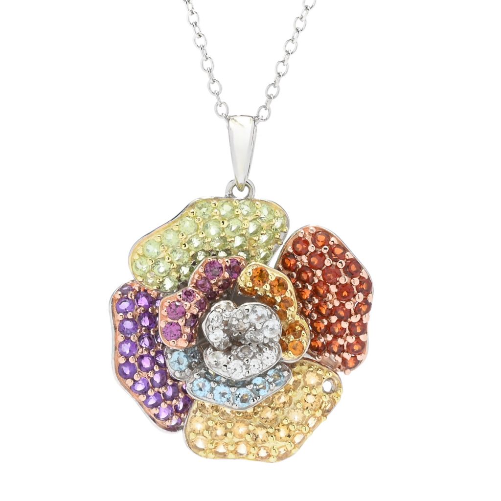 18K Gold & Platinum Plated 4.92ctw Multi Gem Blooming Flower Pendant w/ Chain by Steals