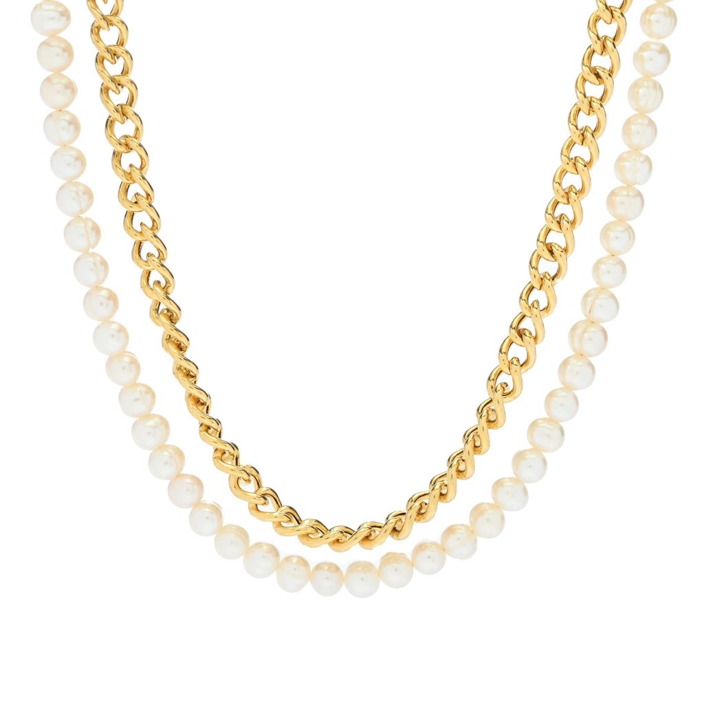Perlaviva 18K Gold Plated 7-8mm Cultured Pearl Dangle 18" Curb Link Necklace by Steals