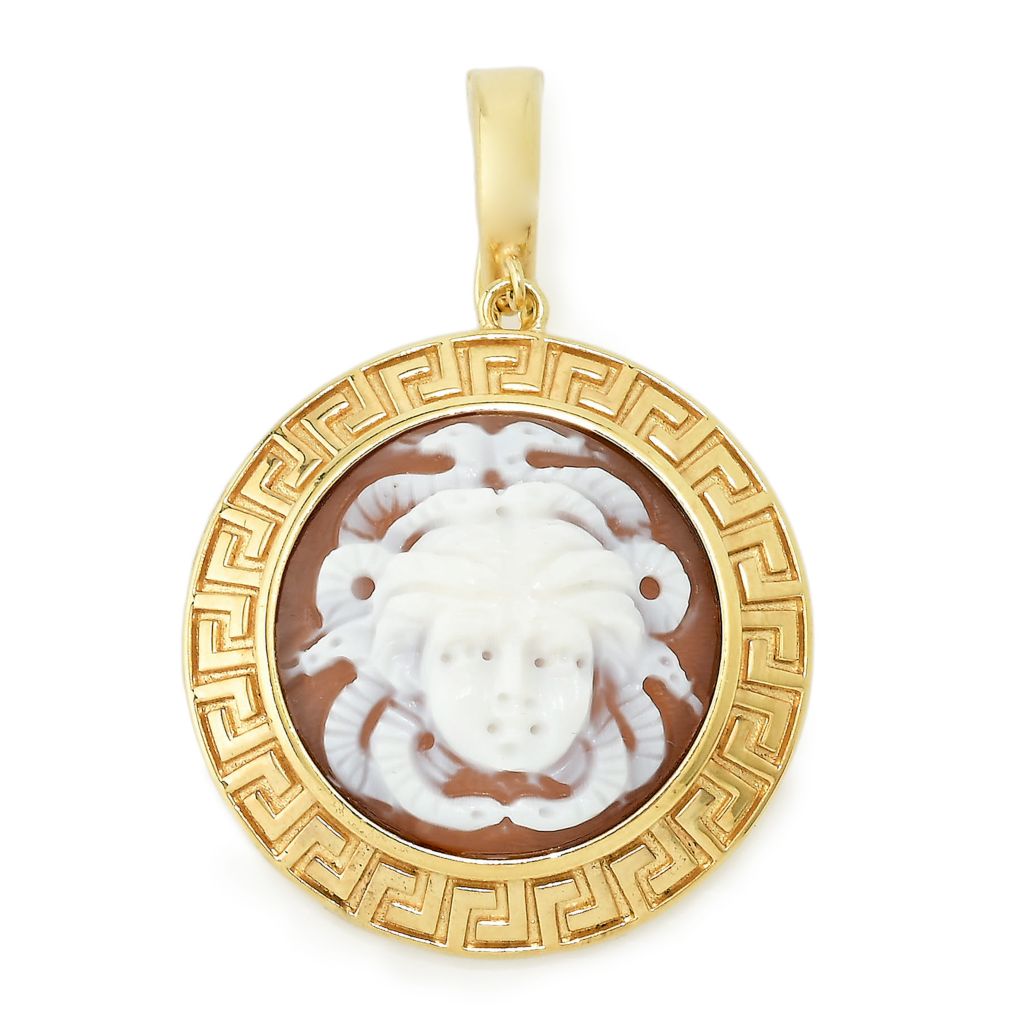 Cameo Italiano "Acropolis" 22mm Medusa Shell Cameo Greek Key Halo Pendant by Steals