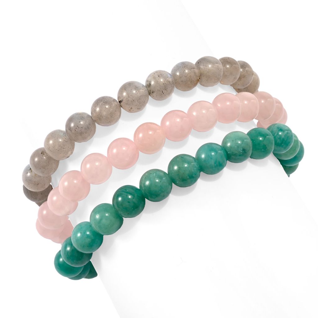 Set of 3 Hand Strung 8mm Gemstone Bead Stretch Bracelets by Steals