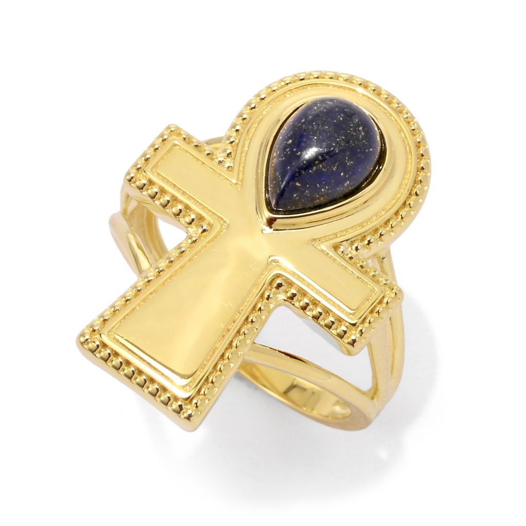 Passport to Egypt 18K Gold Plated 8x6mm Pear Shape Lapis Ankh Cross Ring by Steals