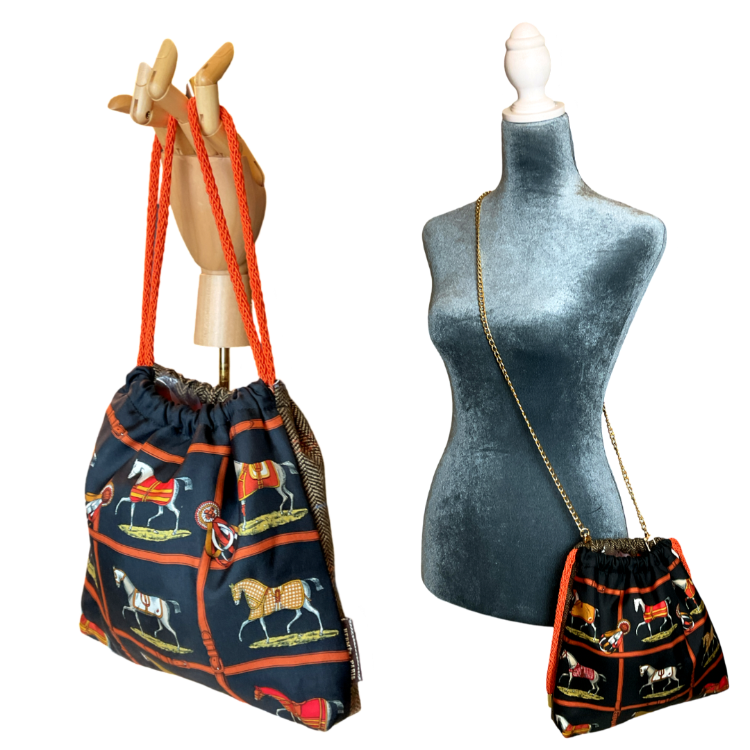 Petites Chevaux Noir Vintage Silk Scarf Drawstring Crossbody Bag