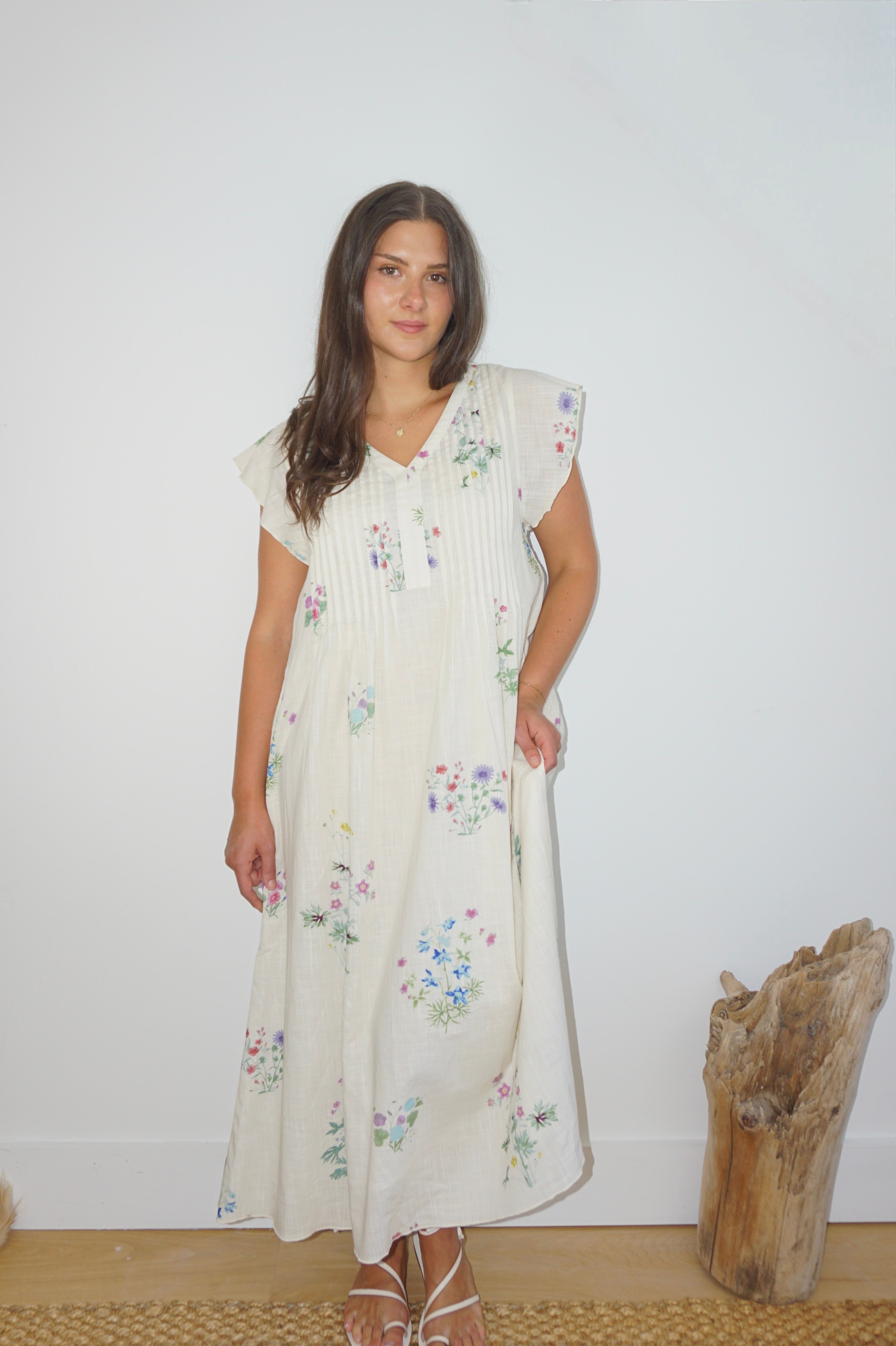 Doris Midi Dress in Cream Botanical