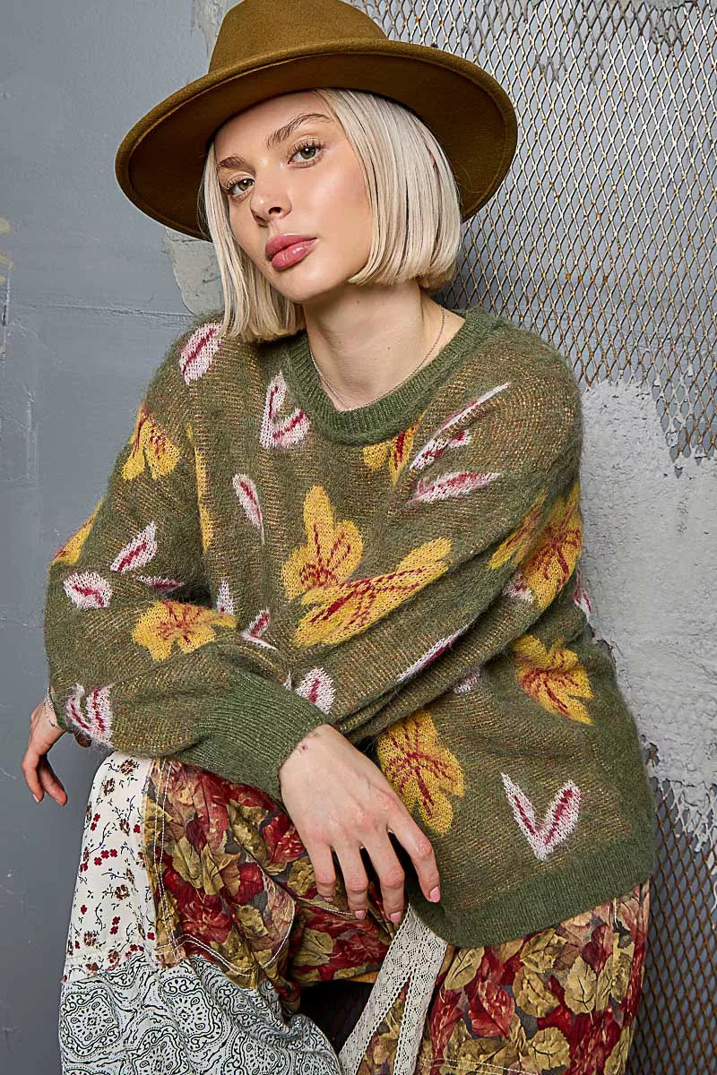 POL Floral Pattern Round Neck Balloon Sleeve Sweater