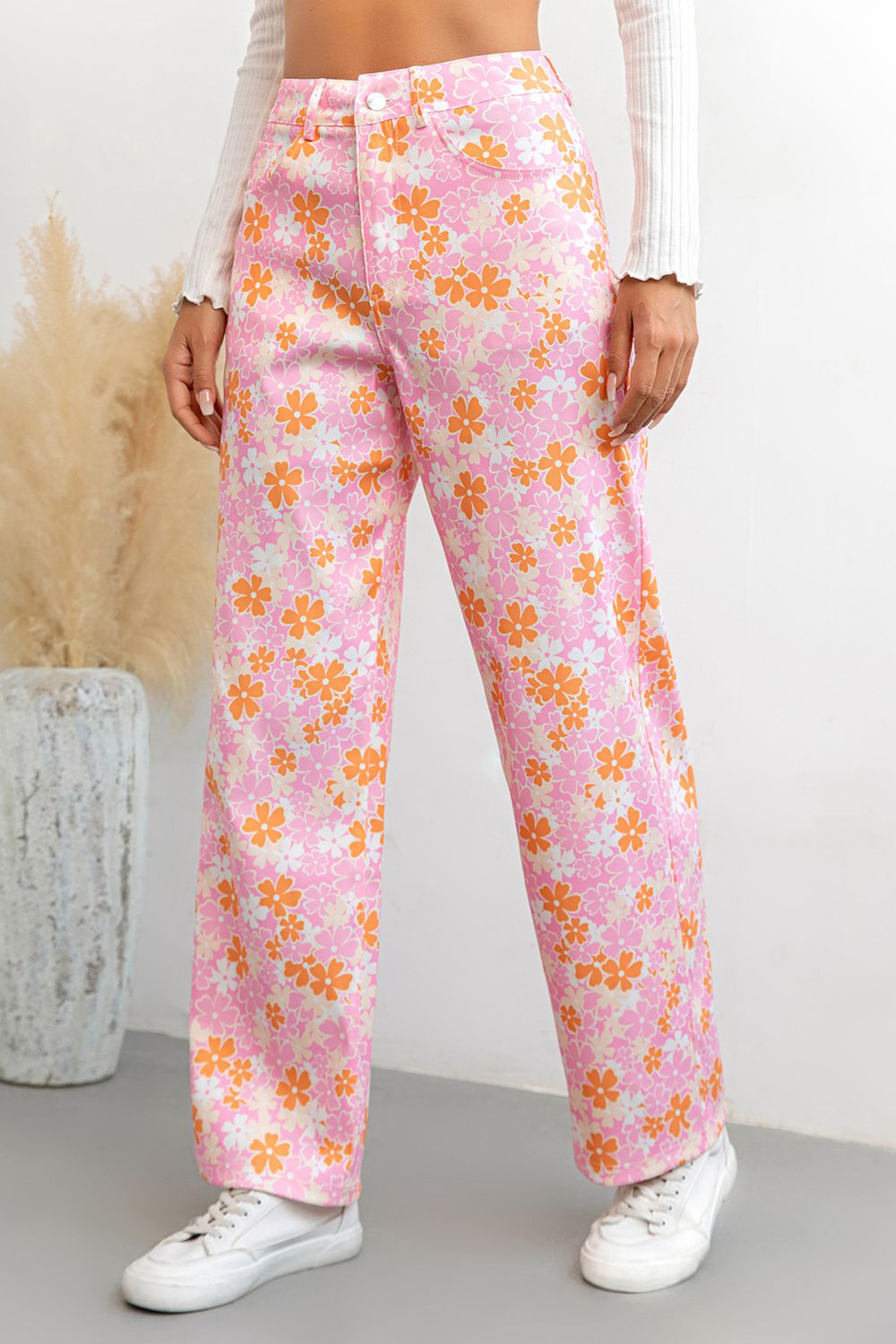 Buttoned High Waist Long Pants
