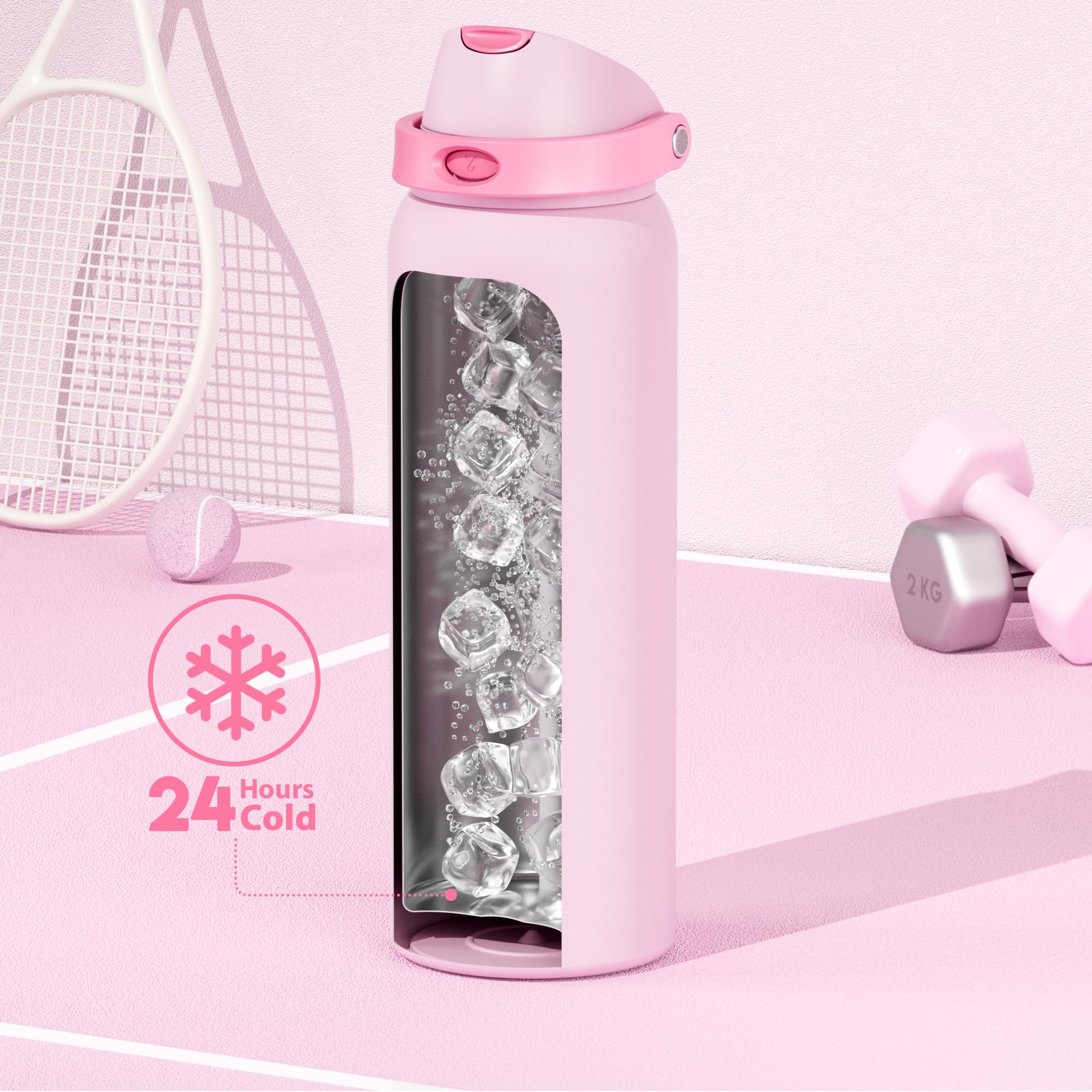 24 oz Insulated Water Bottle with Straw: Meoky Stainless Steel Metal Water Bottle with 2-in-1 Lid - Leak Proof, Cold for 24 Hours, Protective Silicone Base, BPA-Free for Sports Travel Car, Ivory