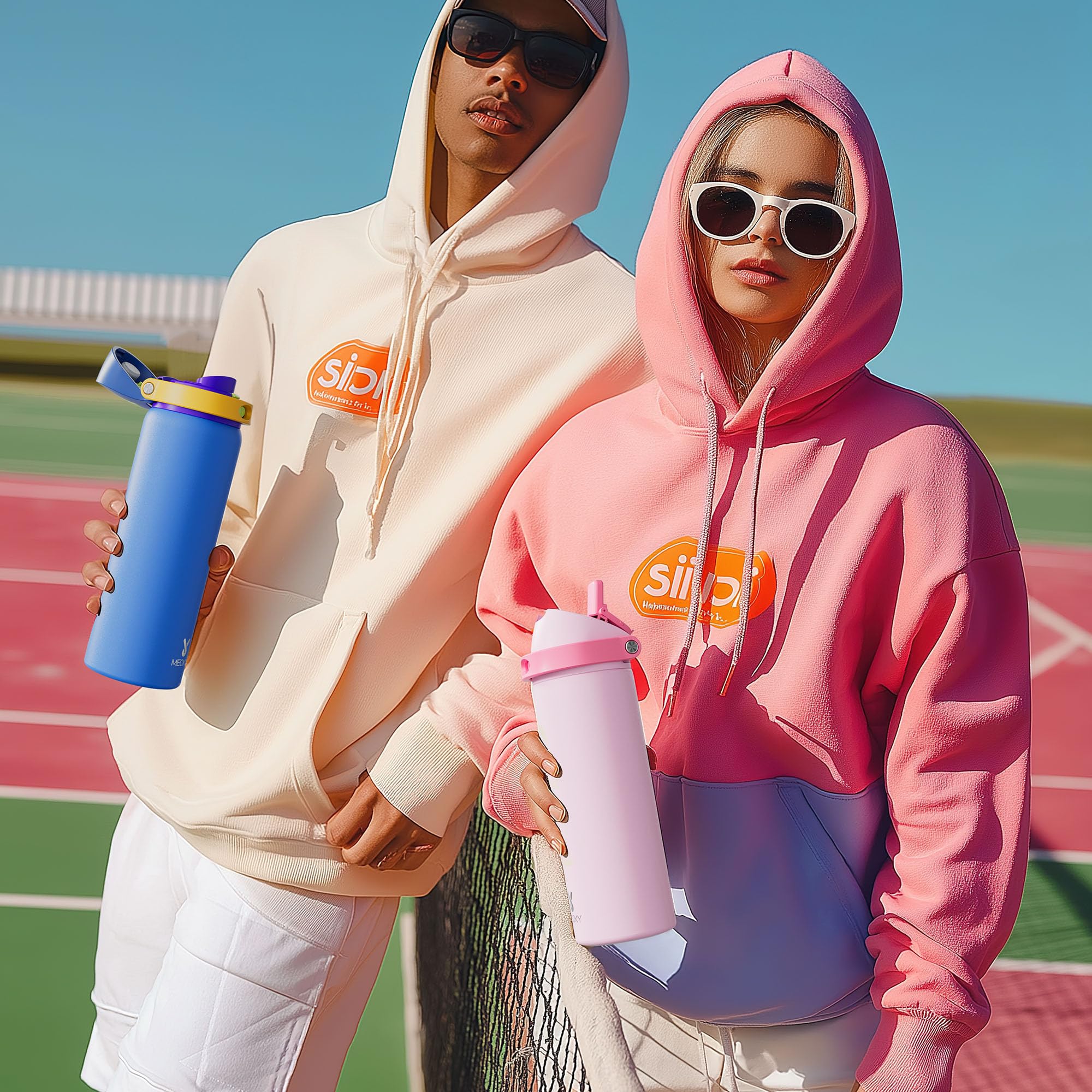 24 oz Insulated Water Bottle with Straw: Meoky Stainless Steel Metal Water Bottle with 2-in-1 Lid - Leak Proof, Cold for 24 Hours, Protective Silicone Base, BPA-Free for Sports Travel Car, Ivory