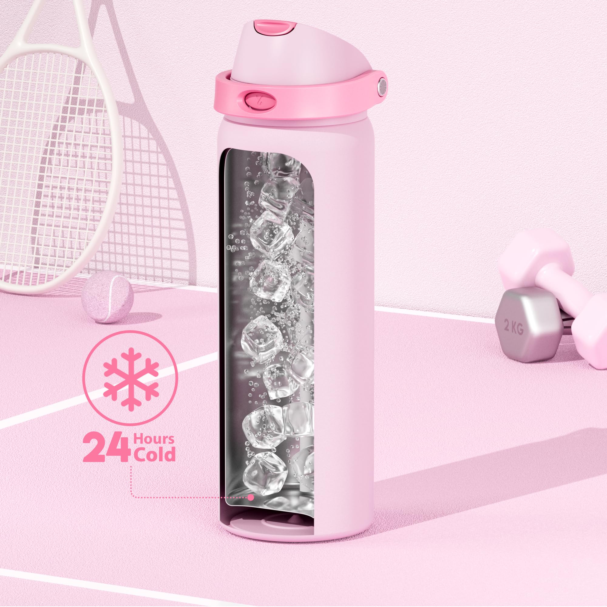 24 oz Insulated Water Bottle with Straw: Meoky Stainless Steel Metal Water Bottle with 2-in-1 Lid - Leak Proof, Cold for 24 Hours, Protective Silicone Base, BPA-Free for Sports Travel Car, Ivory