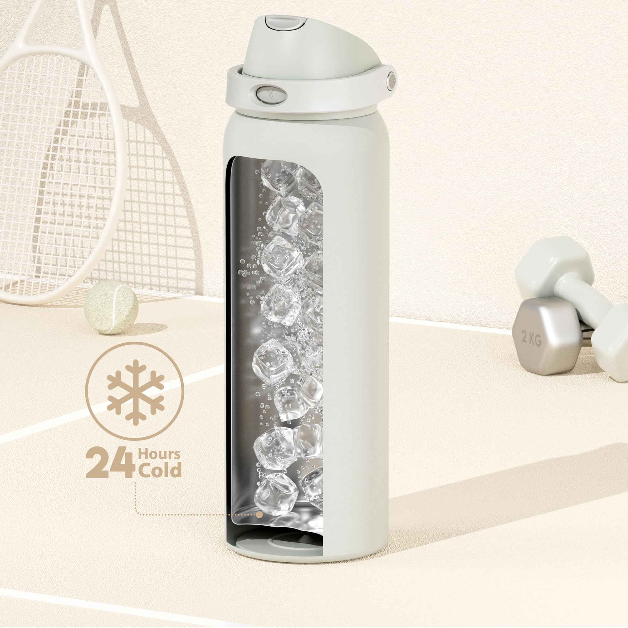 24 oz Insulated Water Bottle with Straw: Meoky Stainless Steel Metal Water Bottle with 2-in-1 Lid - Leak Proof, Cold for 24 Hours, Protective Silicone Base, BPA-Free for Sports Travel Car, Ivory