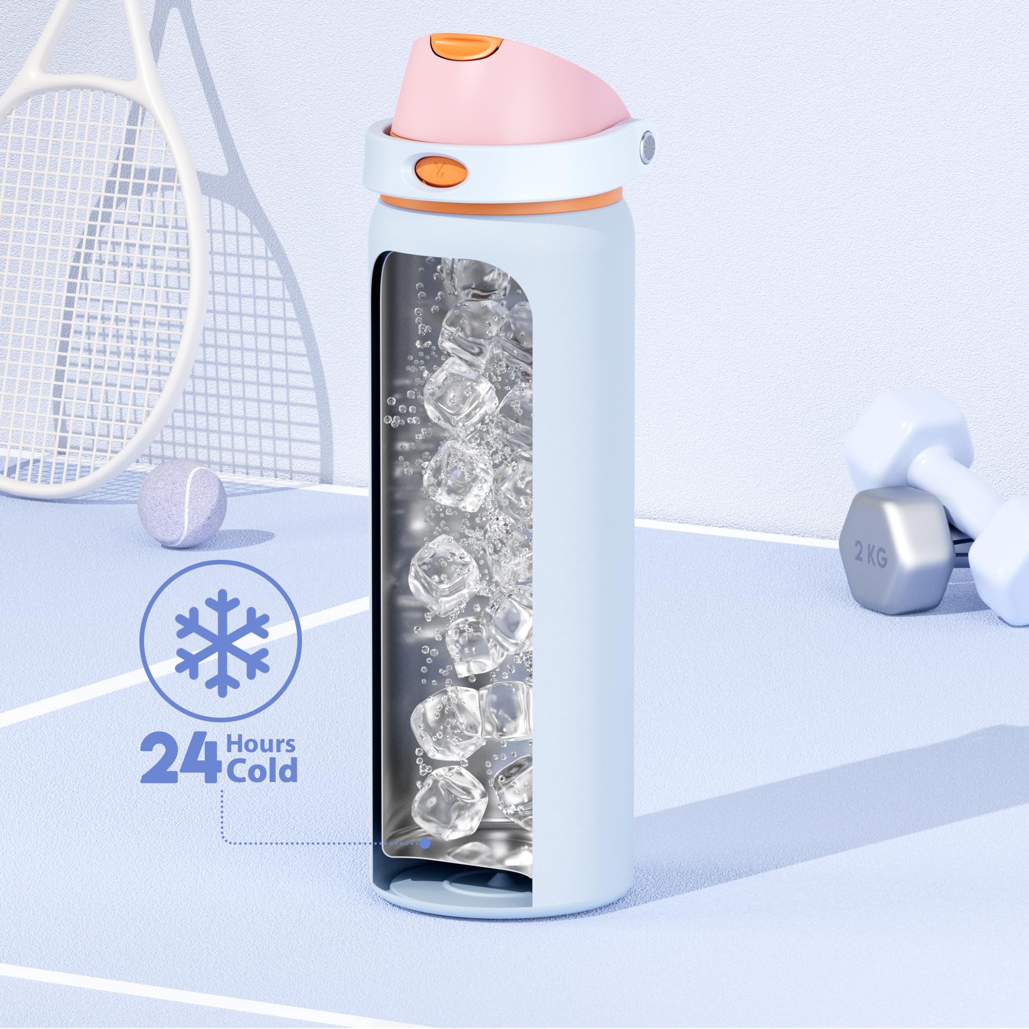 24 oz Insulated Water Bottle with Straw: Meoky Stainless Steel Metal Water Bottle with 2-in-1 Lid - Leak Proof, Cold for 24 Hours, Protective Silicone Base, BPA-Free for Sports Travel Car, Ivory