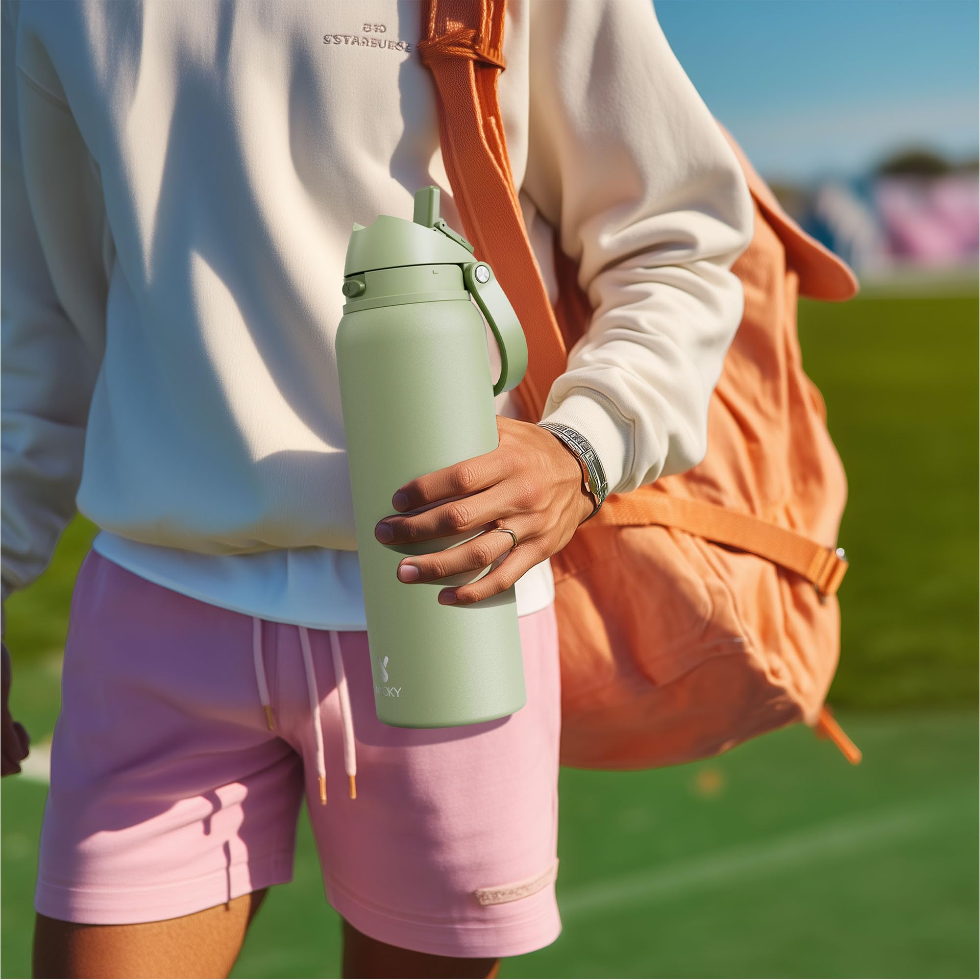 24 oz Insulated Water Bottle with Straw: Meoky Stainless Steel Metal Water Bottle with 2-in-1 Lid - Leak Proof, Cold for 24 Hours, Protective Silicone Base, BPA-Free for Sports Travel Car, Ivory