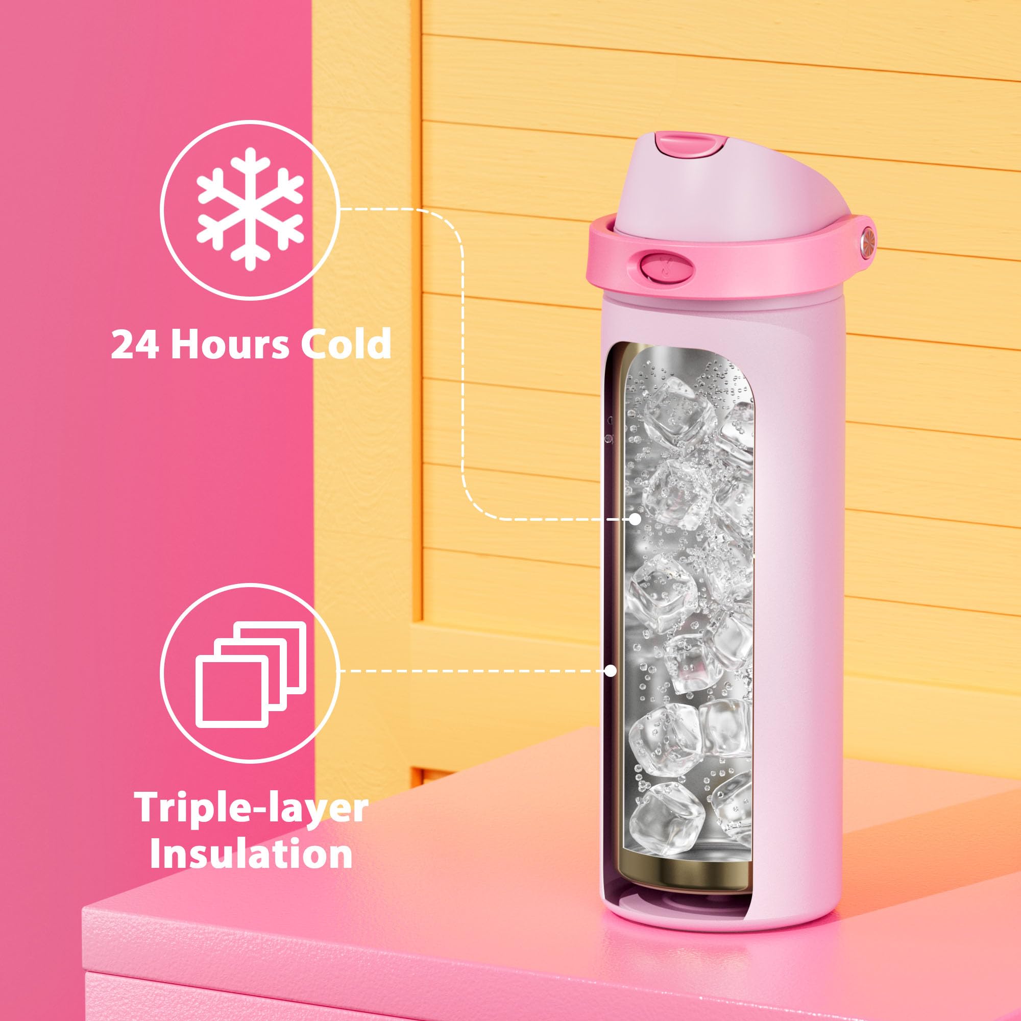 24 oz Insulated Water Bottle with Straw: Meoky Stainless Steel Metal Water Bottle with 2-in-1 Lid - Leak Proof, Cold for 24 Hours, Protective Silicone Base, BPA-Free for Sports Travel Car, Ivory