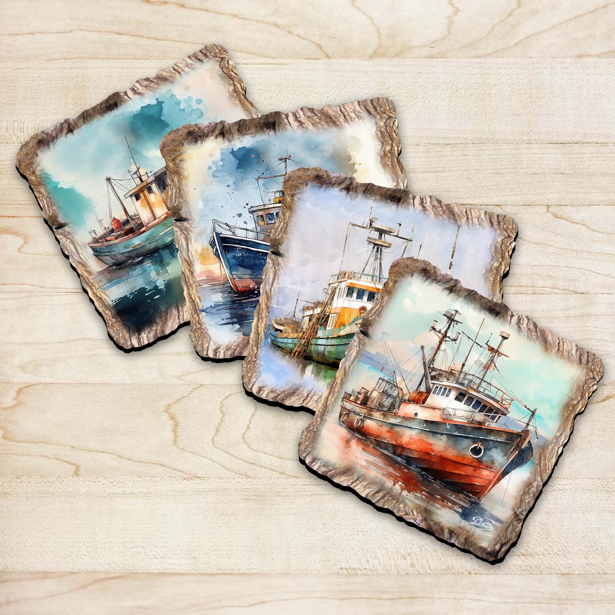 Fishing Boats Wooden Cork Coasters Gift Set of 4 by Nature Wonders Coastal Nature Wildlife Decor  - 95402C-S4