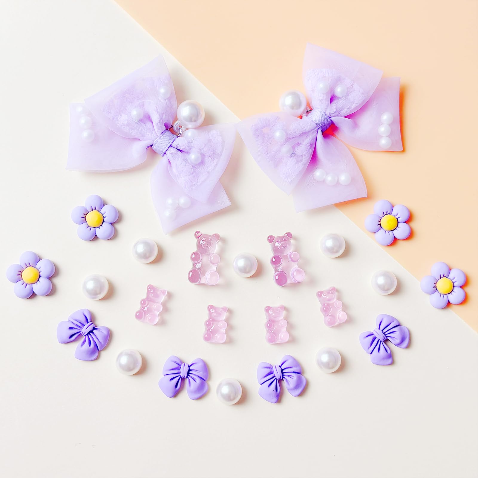 24Pcs Fabric Bow Shoe Charms, Cute Bears, Flower Pearl Charms Accessories for Clogs, DIY Shoe Decoration Charms for Girls, Party Favor