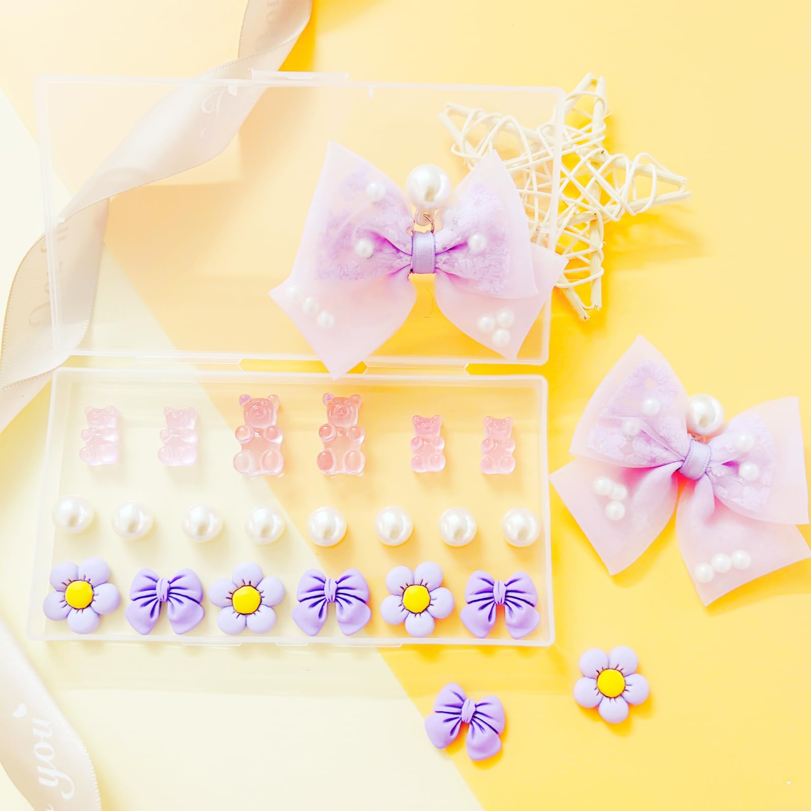 24Pcs Fabric Bow Shoe Charms, Cute Bears, Flower Pearl Charms Accessories for Clogs, DIY Shoe Decoration Charms for Girls, Party Favor