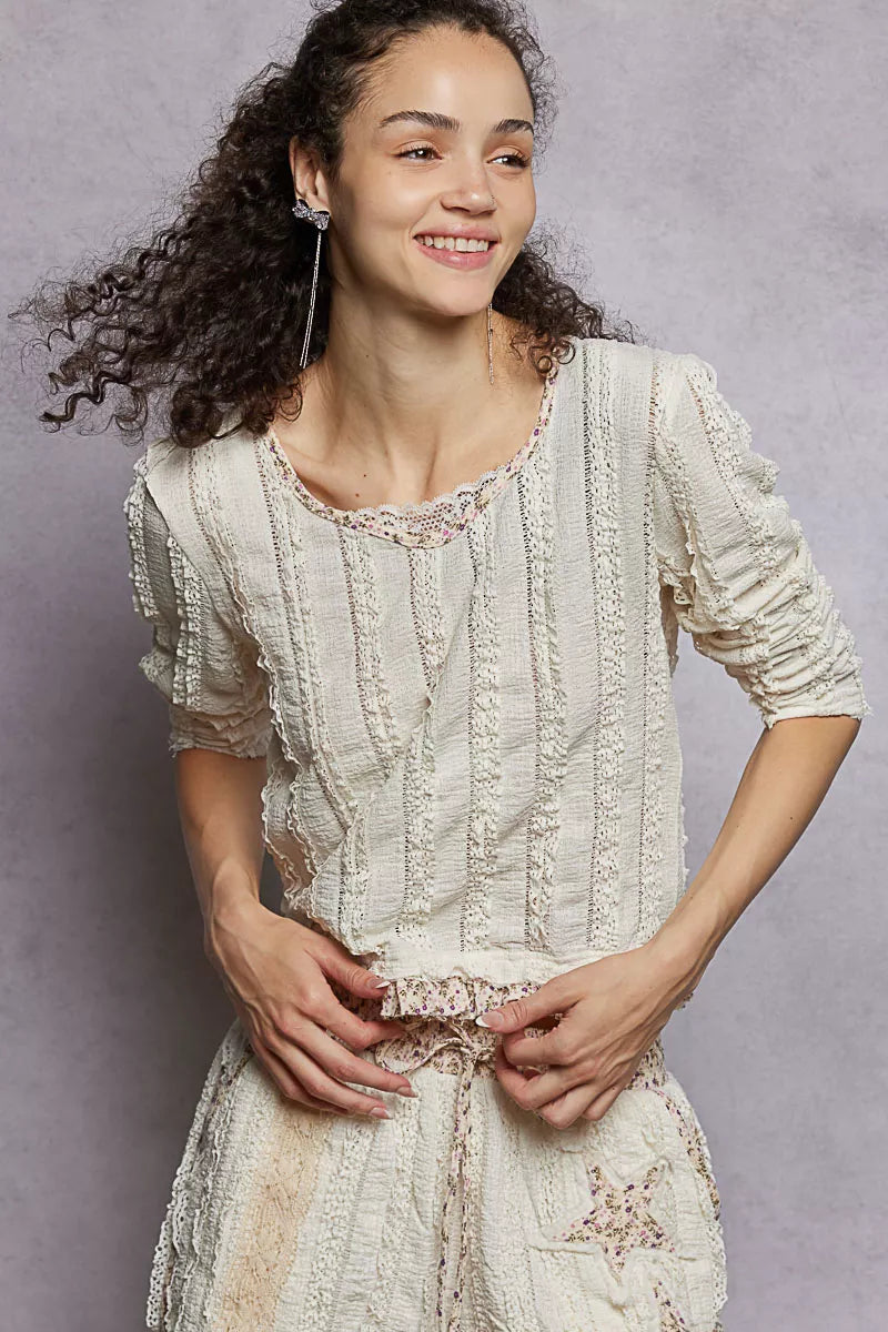 POL Texture Long Sleeve Blouse with Floral Ruffled