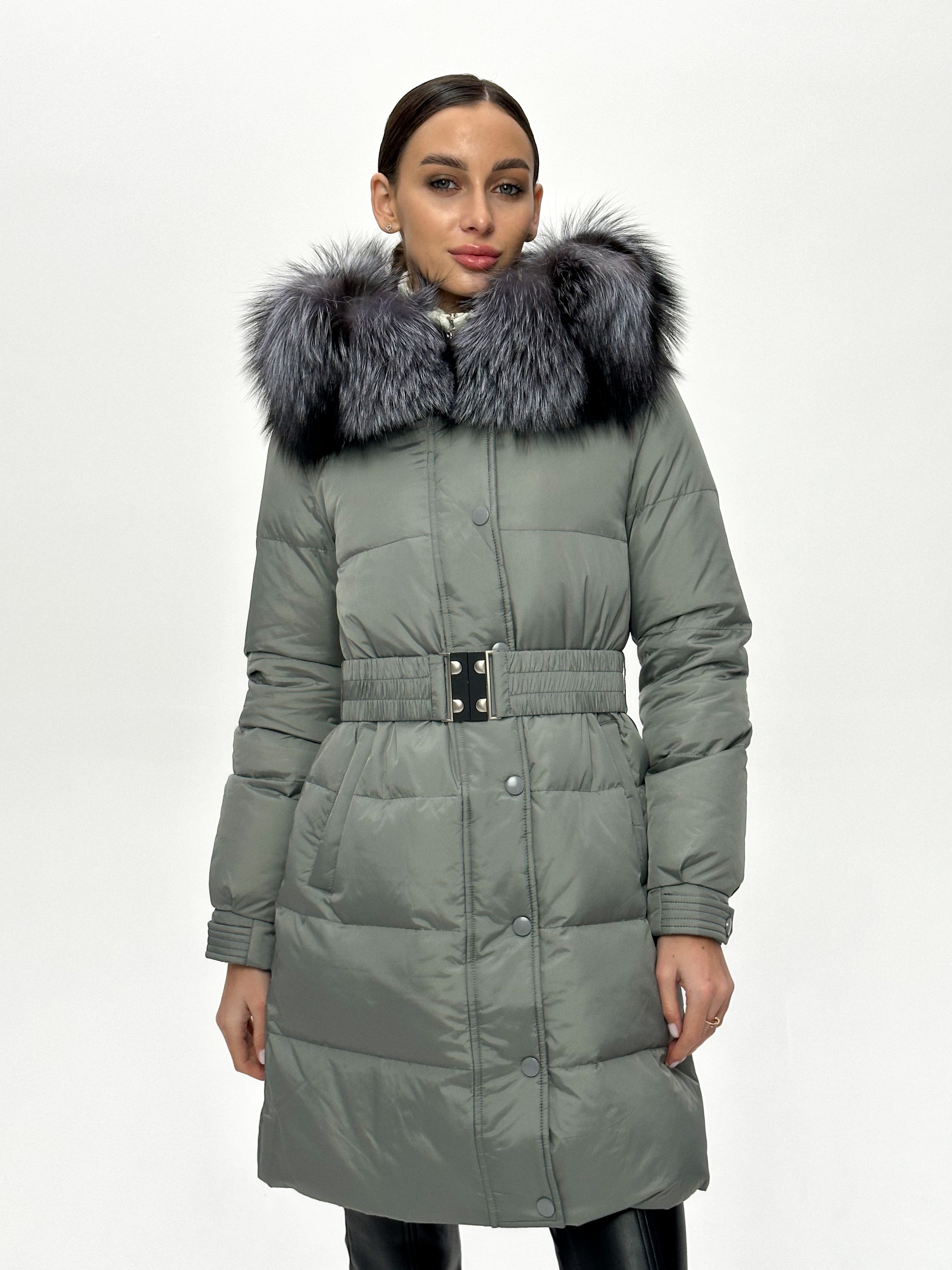 Genuine Silver Fox Down Belted Puffer Parka