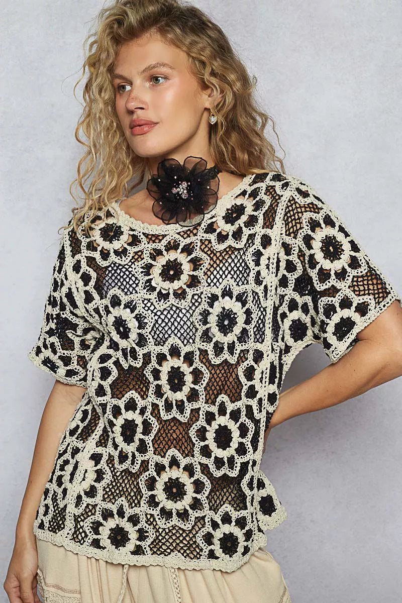 POL Openwork Short Sleeve Crochet Knit Top with Weave Knit Patterns